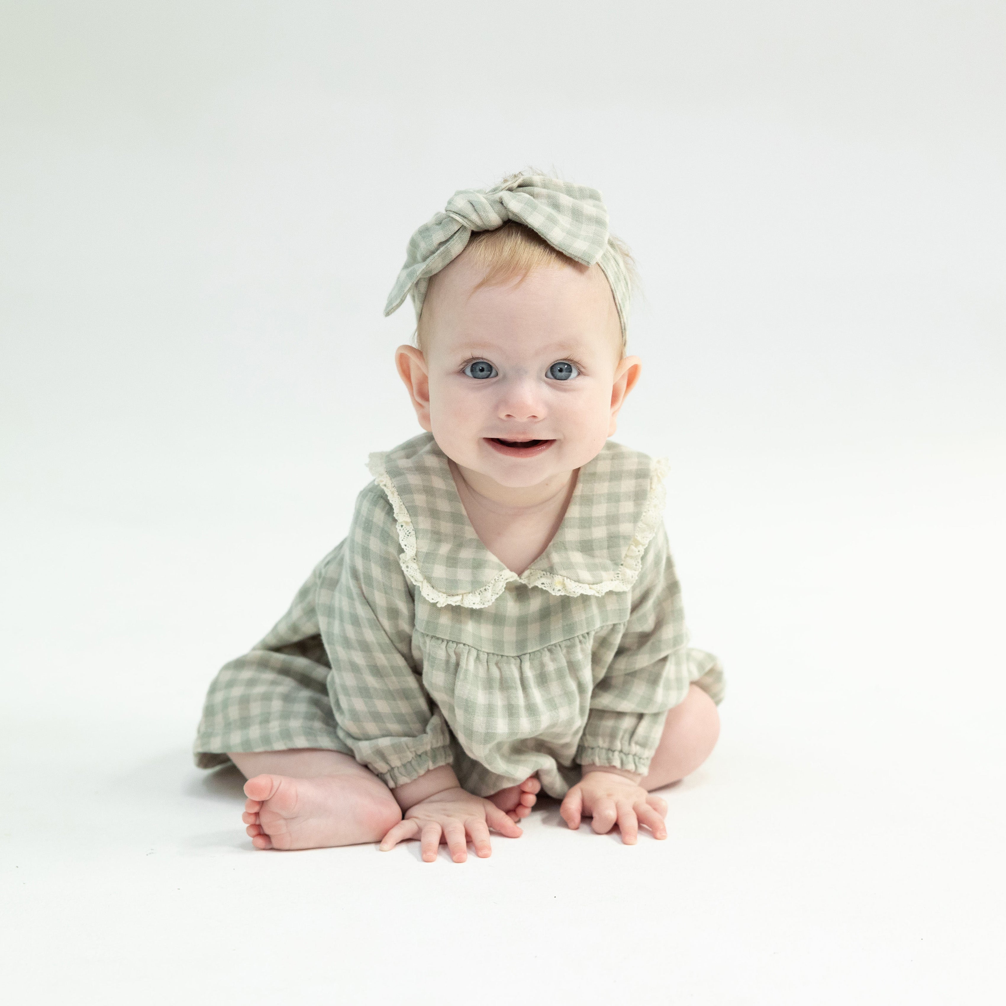 Peter Pan Collar Dress And Bloomer - Mini Green Gingham