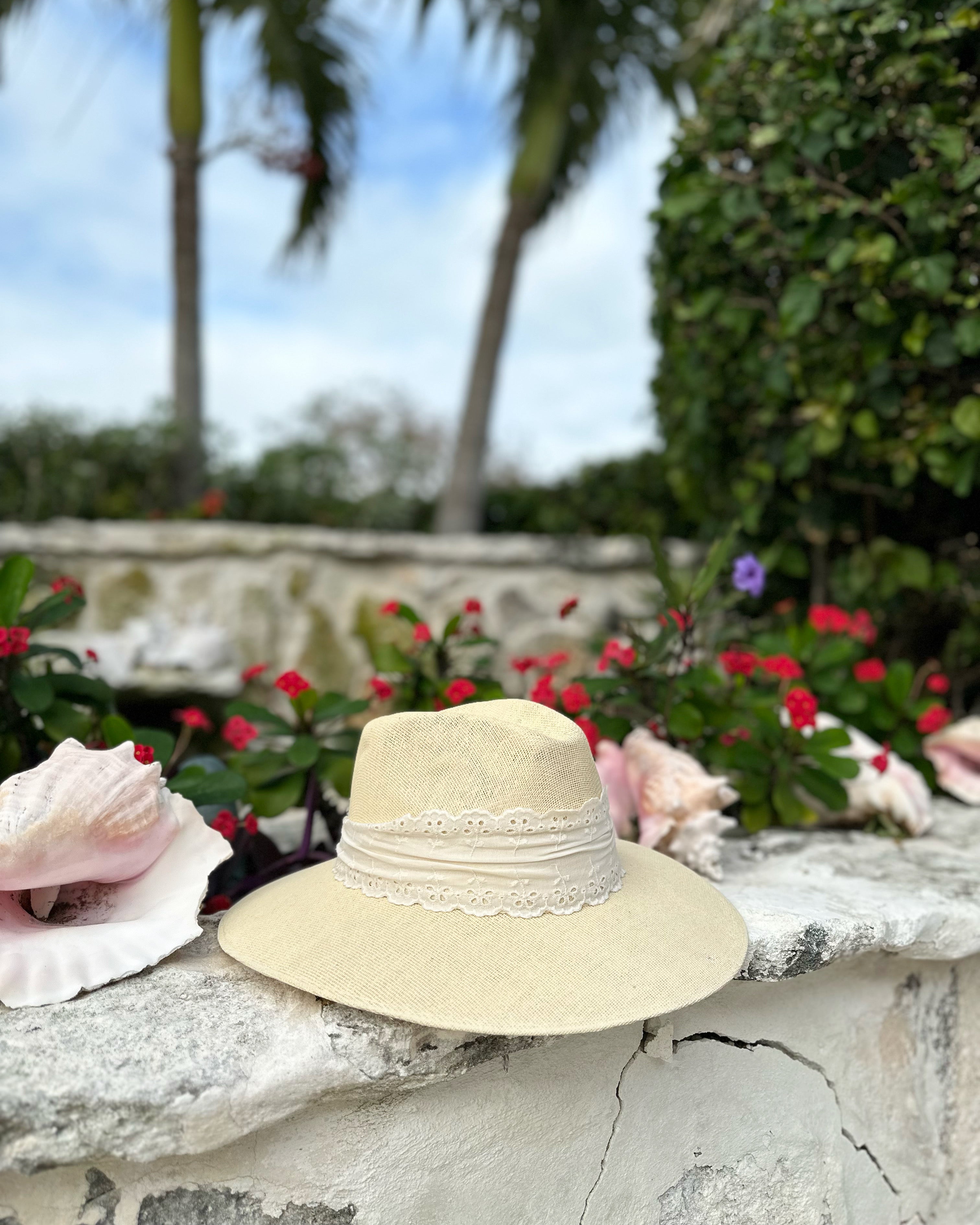 Orchid Sun Hat - Ivory Vintage Lace Eyelet Ribbon