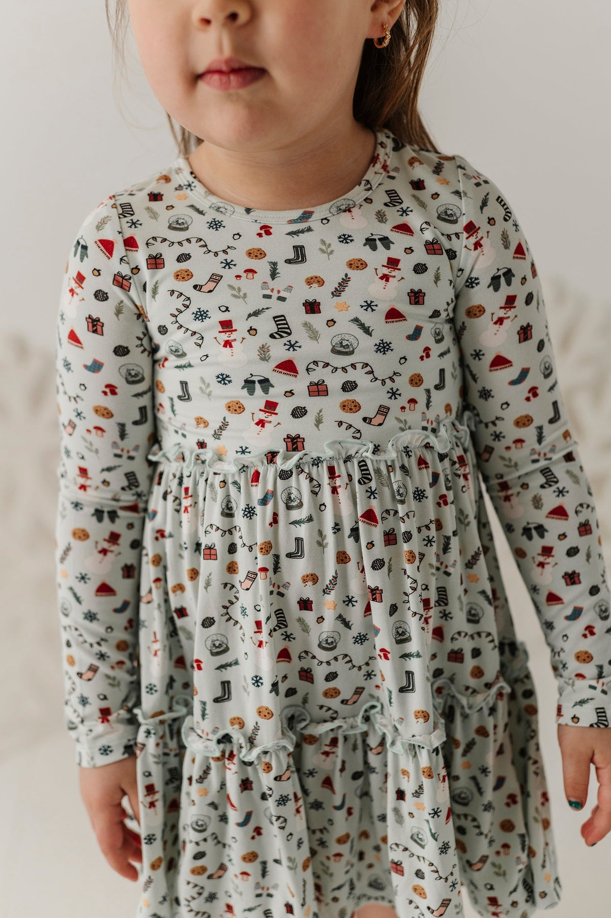 Girls Long Sleeve Double Tiered Dress In Christmas Elements