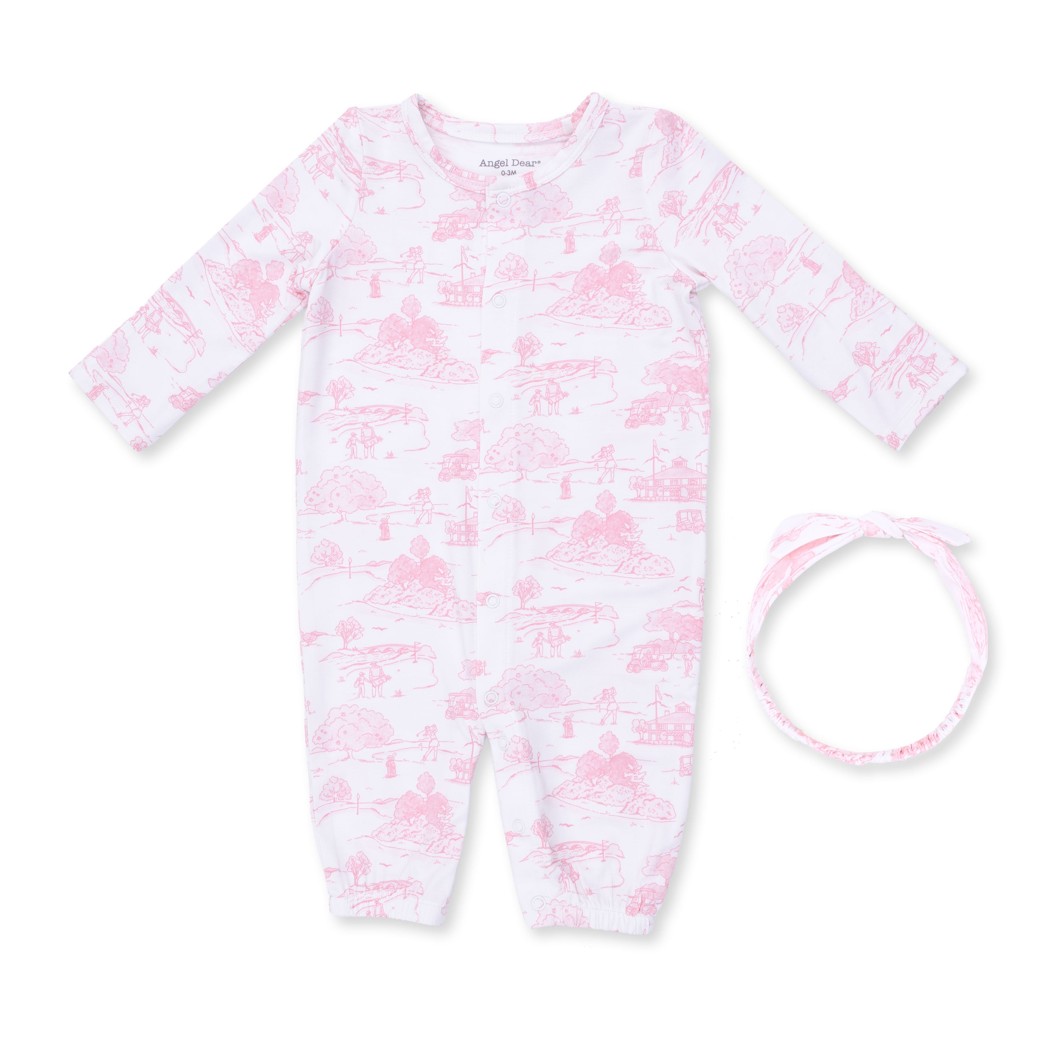 Golf Toile Pink - Convertible Gown And Knot Headband