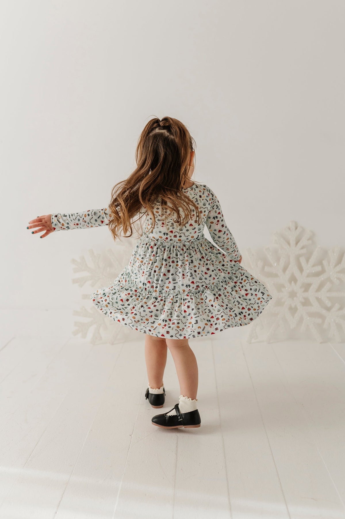 Girls Long Sleeve Double Tiered Dress In Christmas Elements