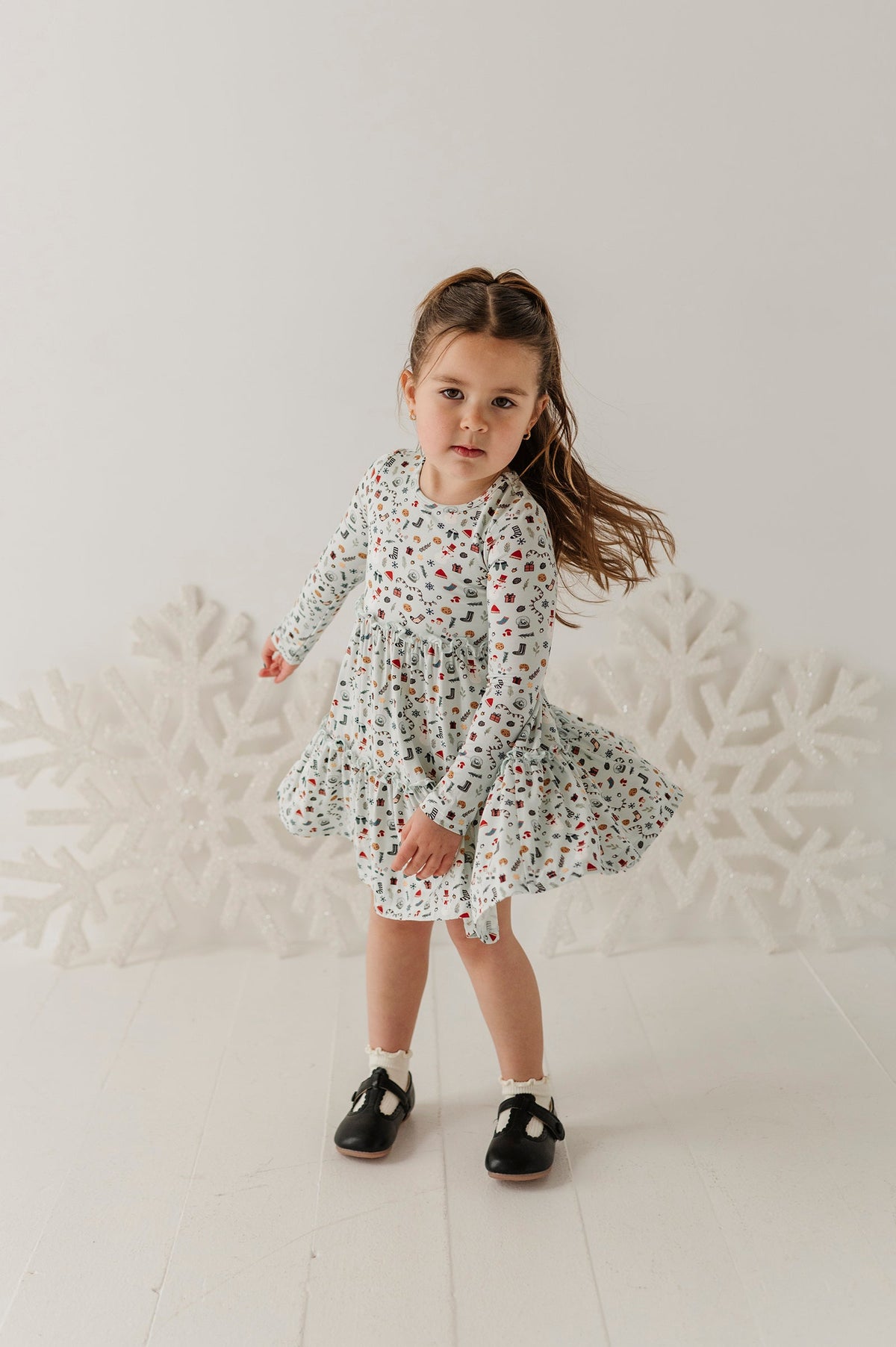 Girls Long Sleeve Double Tiered Dress In Christmas Elements