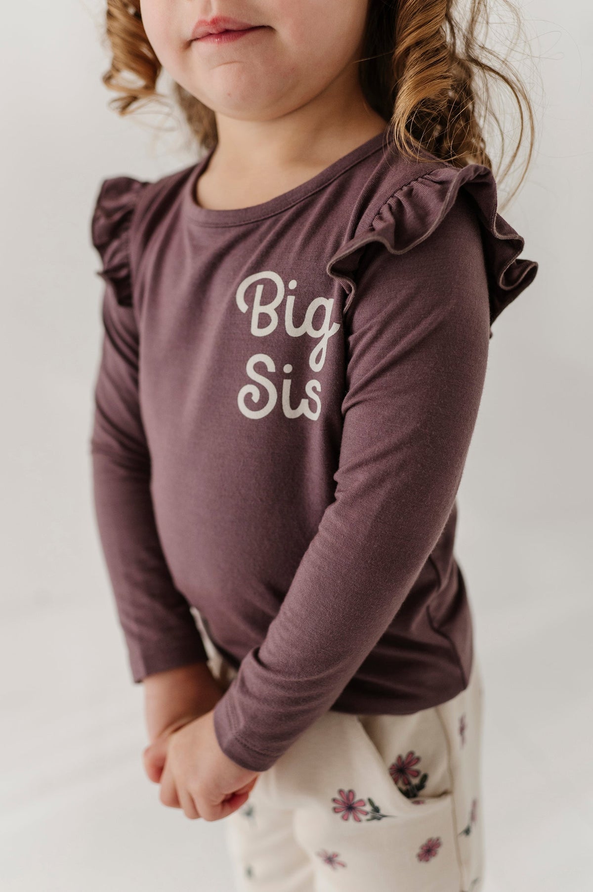 Girls Long Sleeve Ruffle Top In Big Sis In Plum