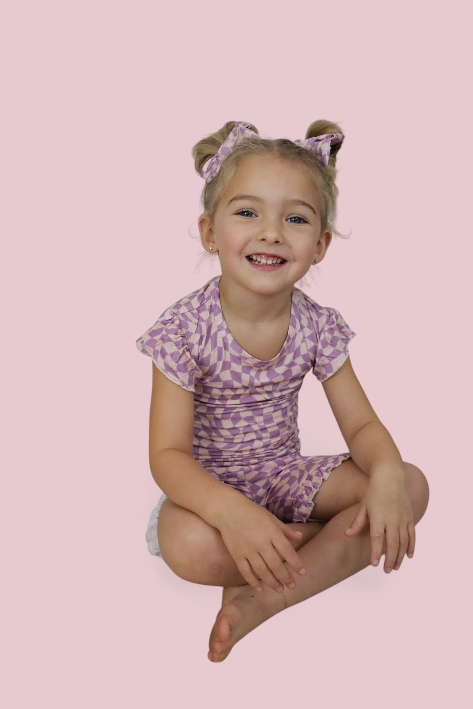 Plum Wavy Checkers Dream Ruffle Short Set