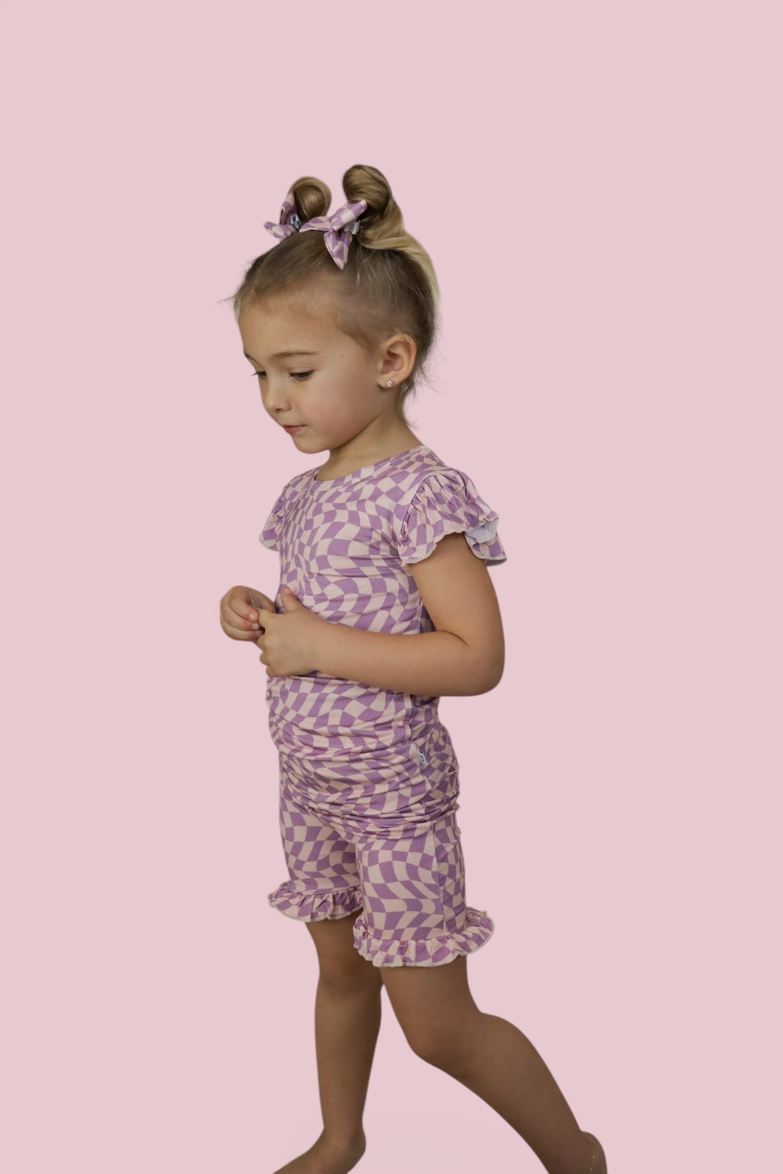 Plum Wavy Checkers Dream Ruffle Short Set