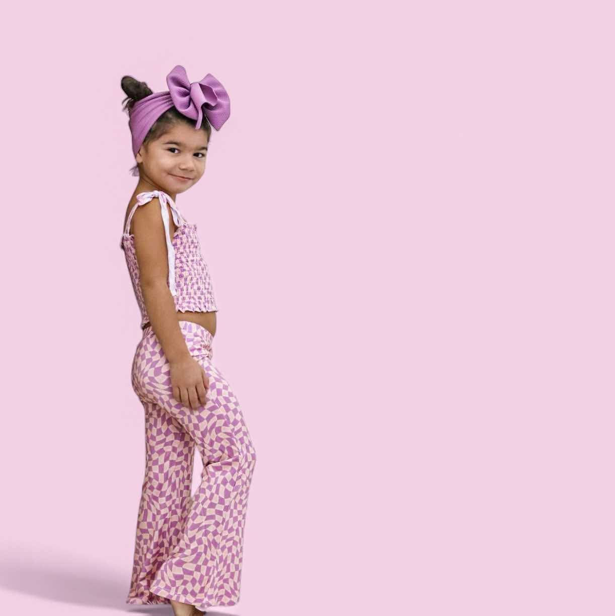 Plum Wavy Checkers Dream Smocked Flare Set