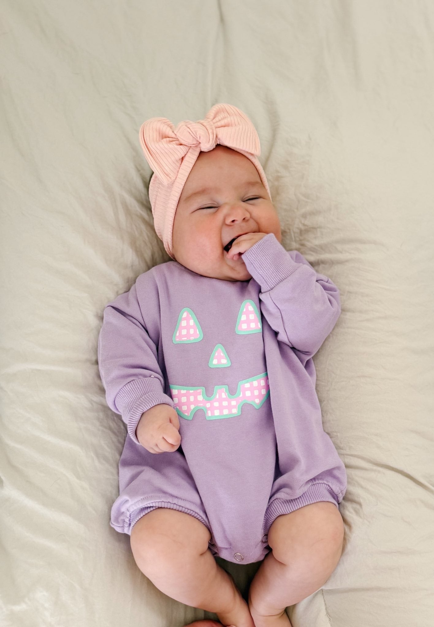Pastel Gingham Jack-o-lantern Crewneck Sweatshirt Or Romper