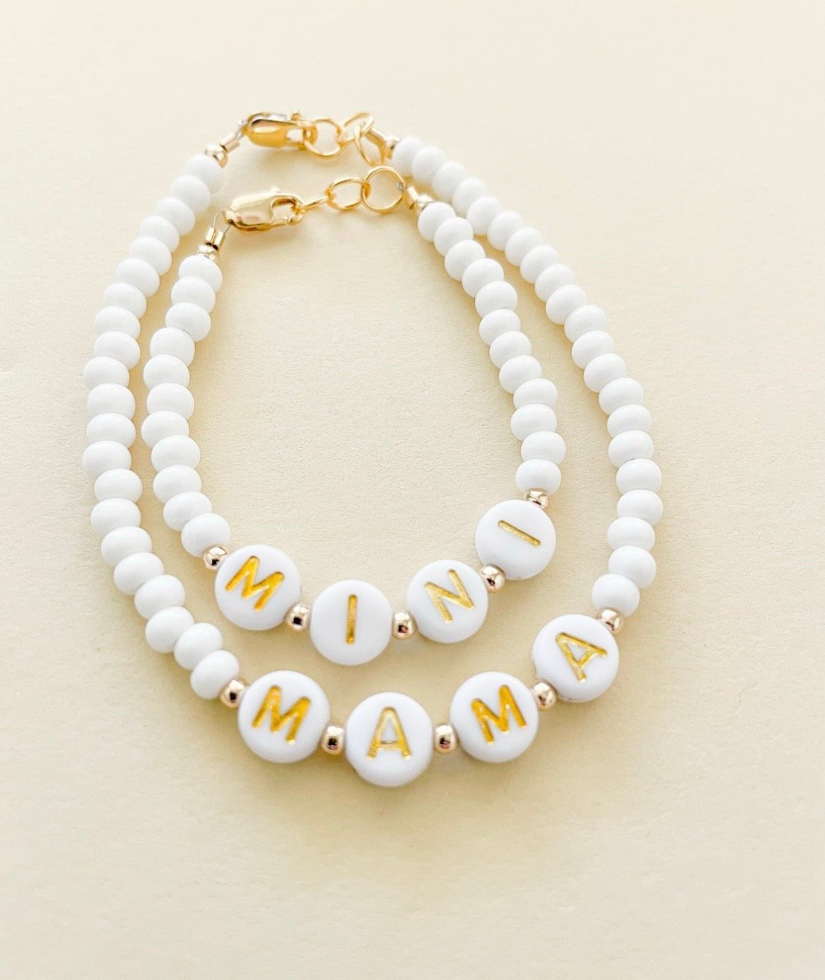 Mama And Mini White Name Bracelet Set – Custom, Gold-filled & Hypoallergenic