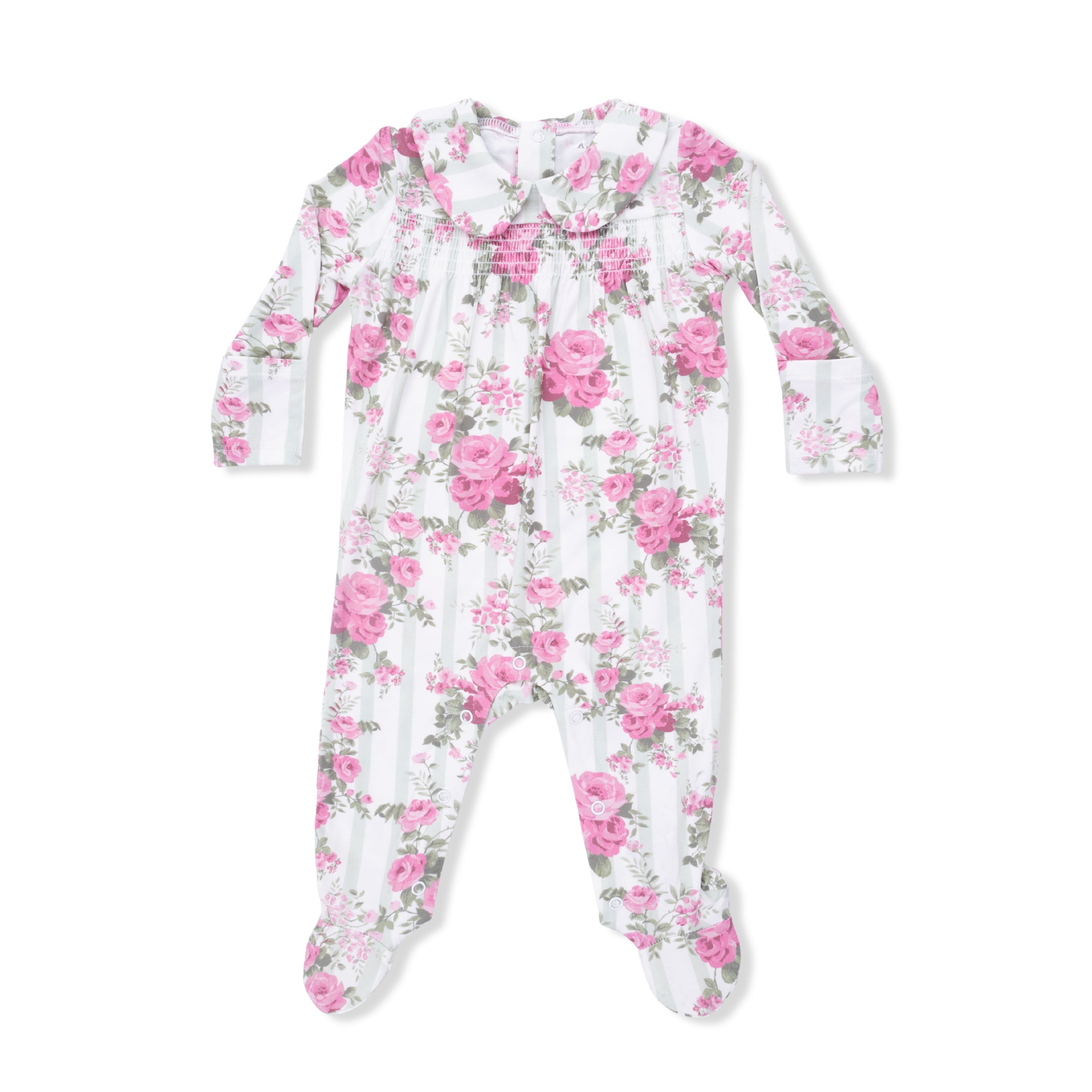 Cabbage Rose Stripe - Smocked Peter Pan Snap Footie