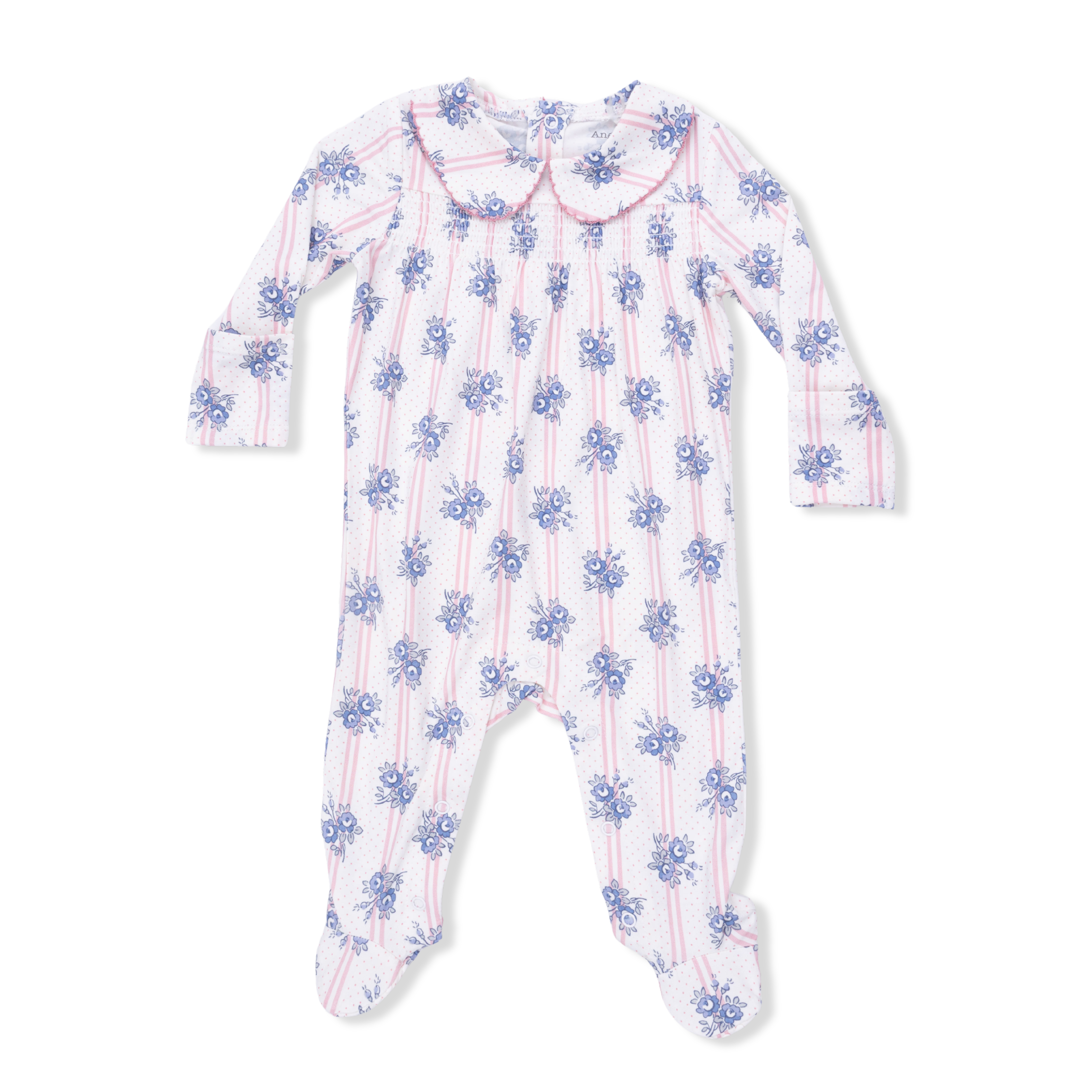 Stripe Dot Roses - Smocked Peter Pan Snap Footie