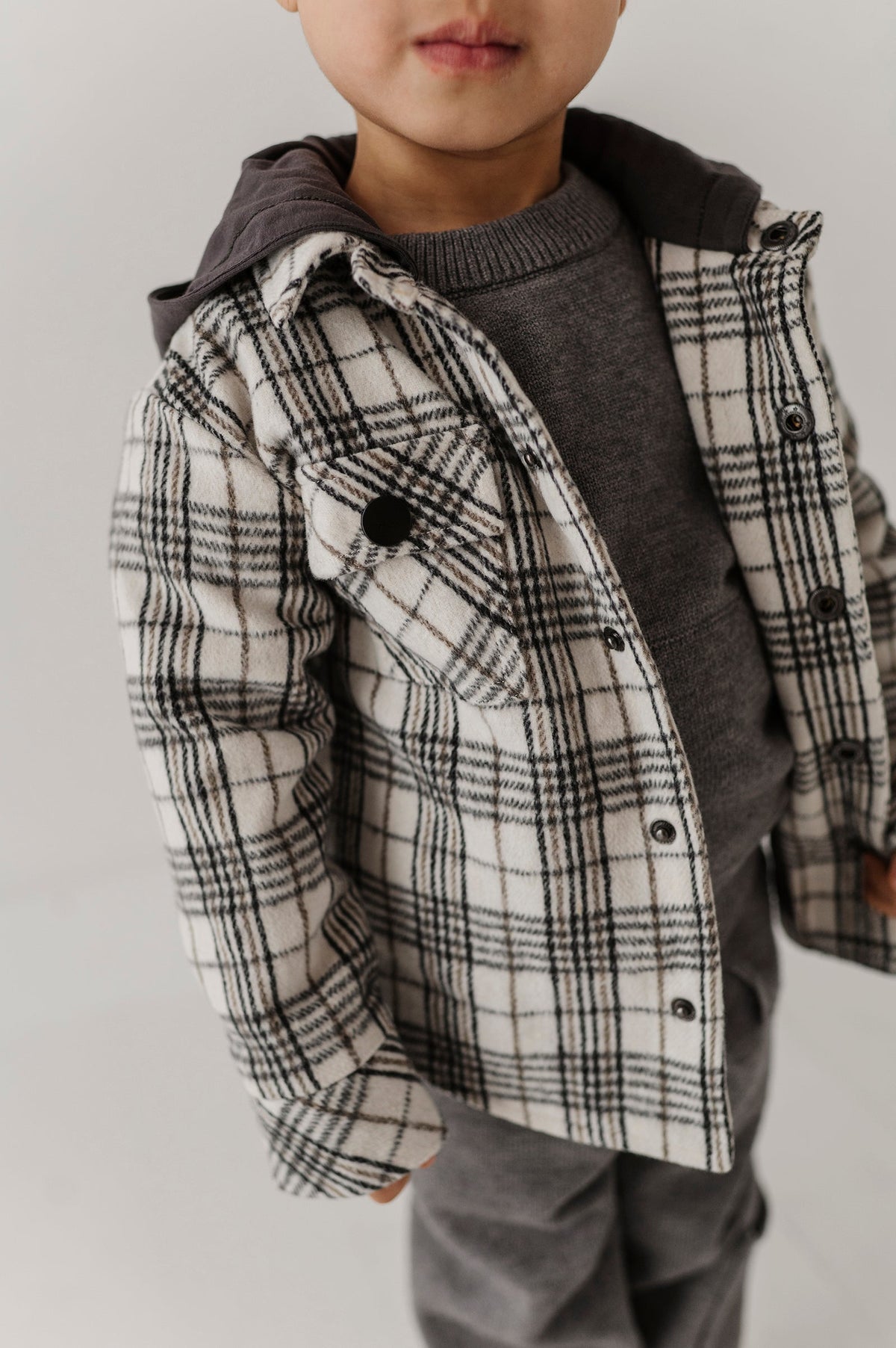 Kids Hooded Shacket In Granite Plaid