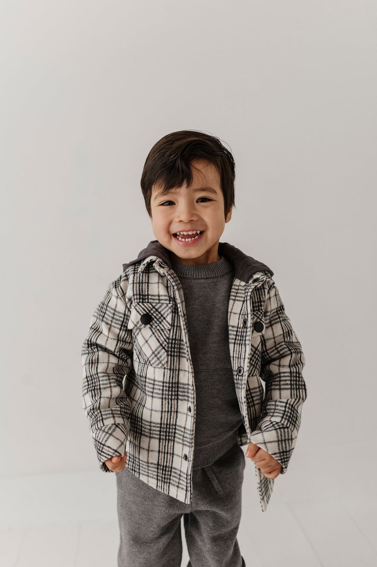 Kids Hooded Shacket In Granite Plaid