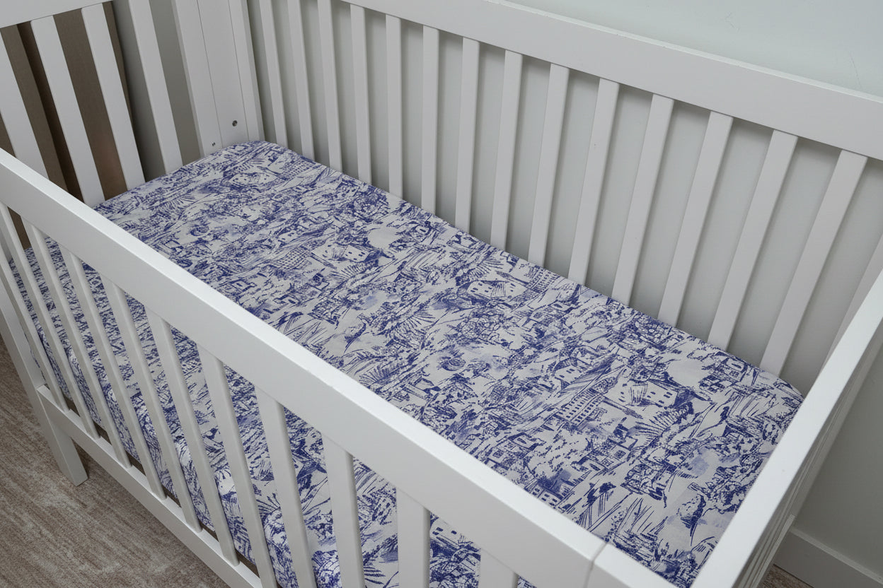 Blue Toile Crib Sheet