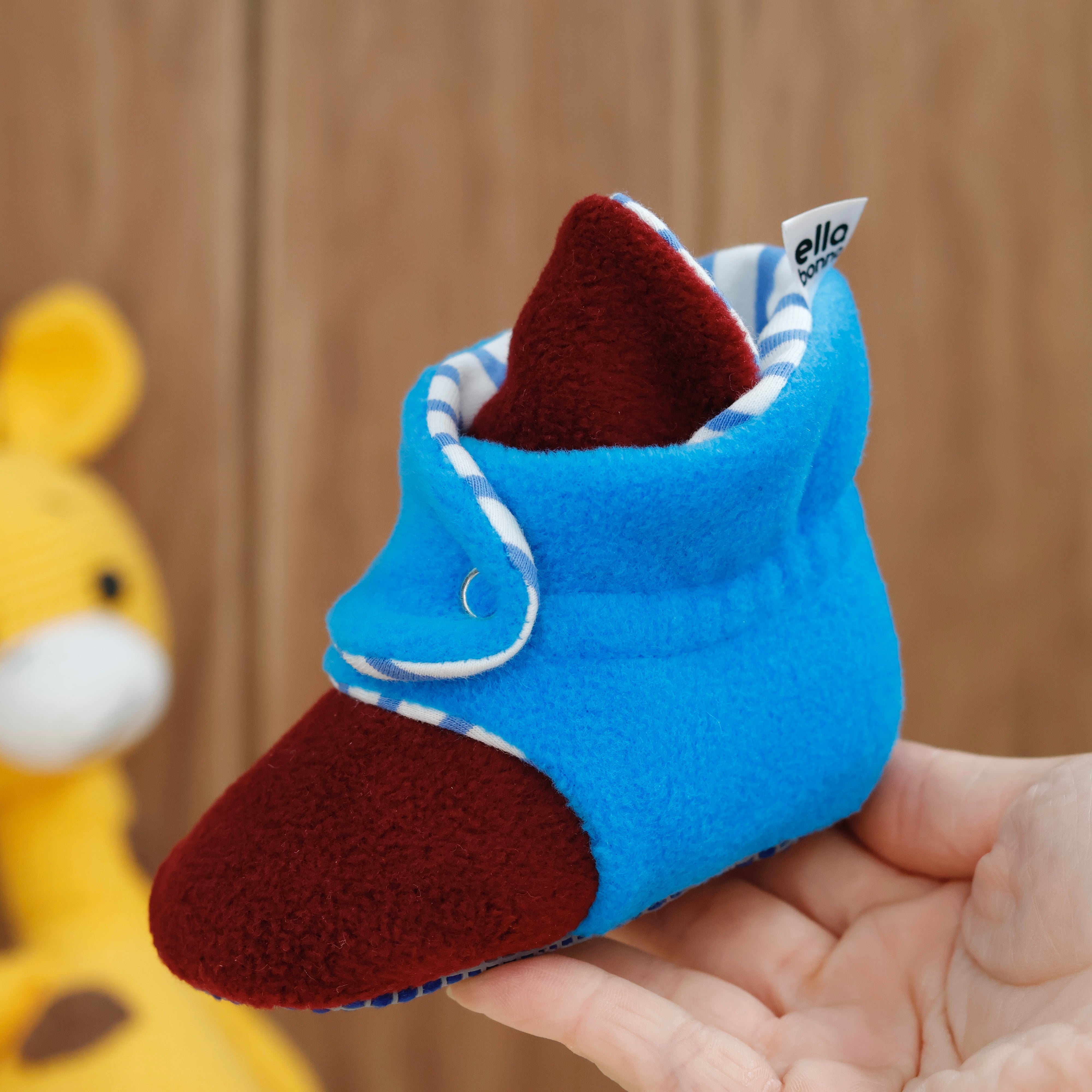 Anti-slip Sole, Fleece Baby Booties, Newborn Home Booties, Sweat Proof Organic Cotton Lining, Burgundy Blue