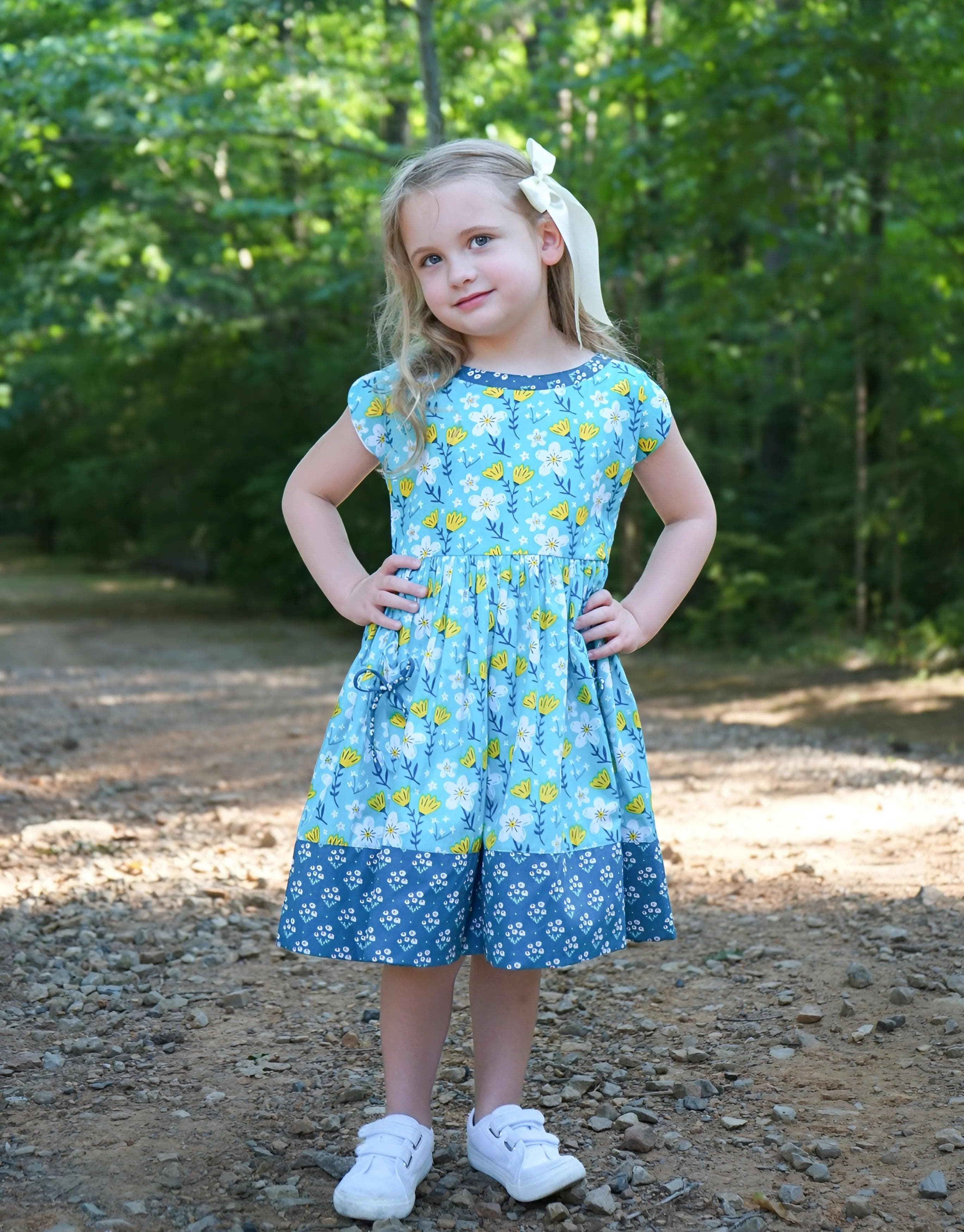 Vintage Teal Garden Picnic Dress W/ Hairbow