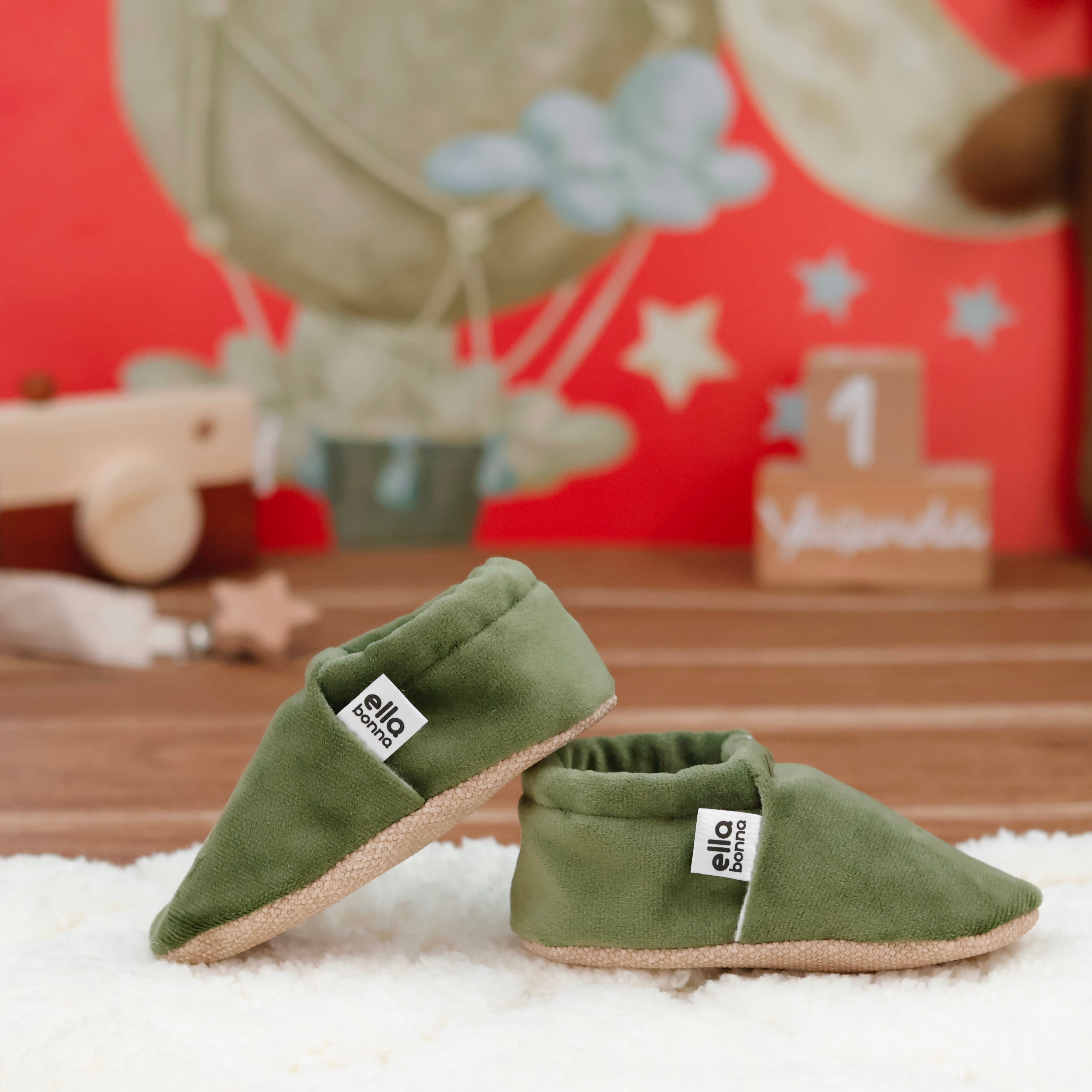 Organic Cotton Velvet Home Nursery Moccasin Shoes, Green