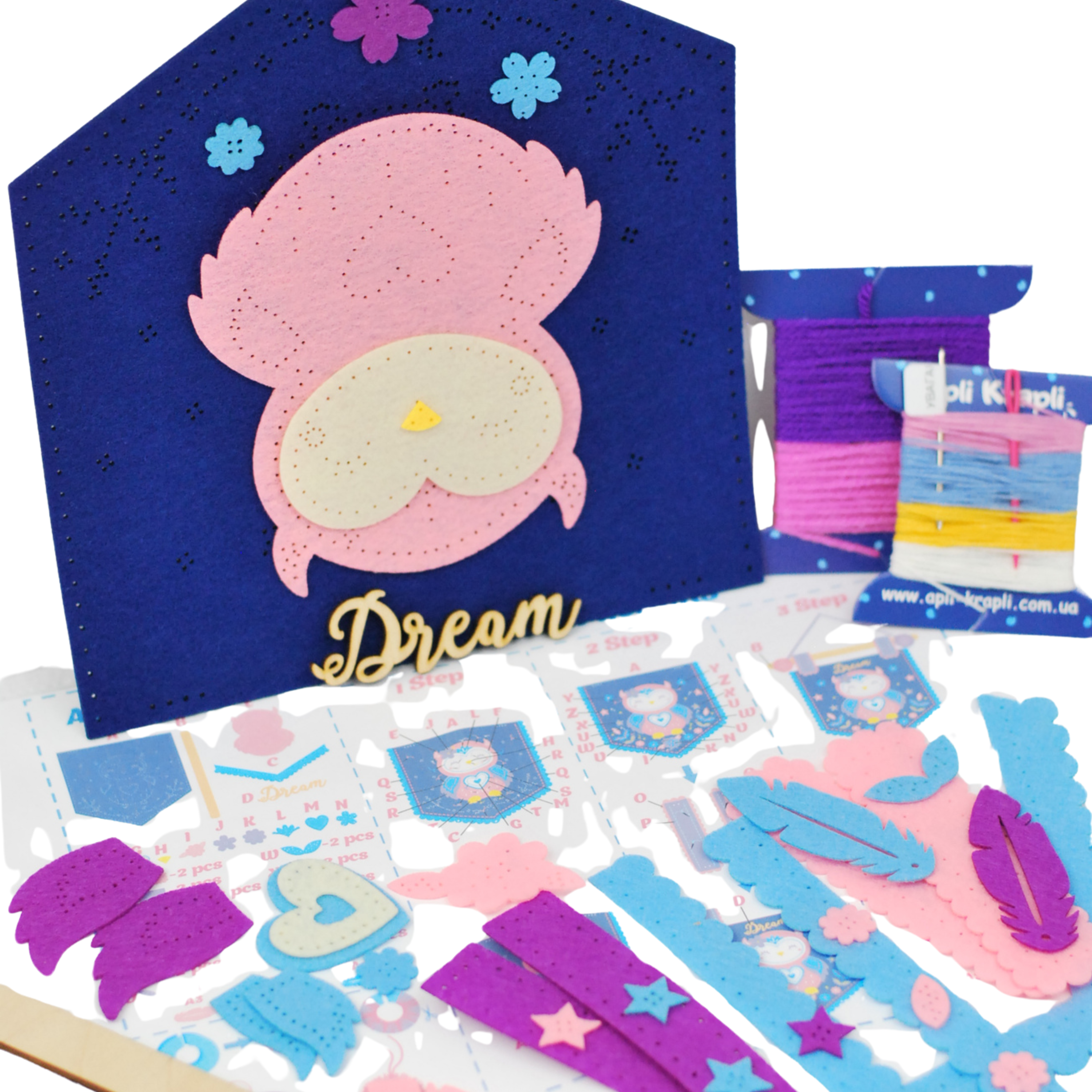 Apli Krapli - Apli Krapli Felt Wall Flag Sewing Kit Owl Precut Felt Thread & Safe Needle Ages 6+