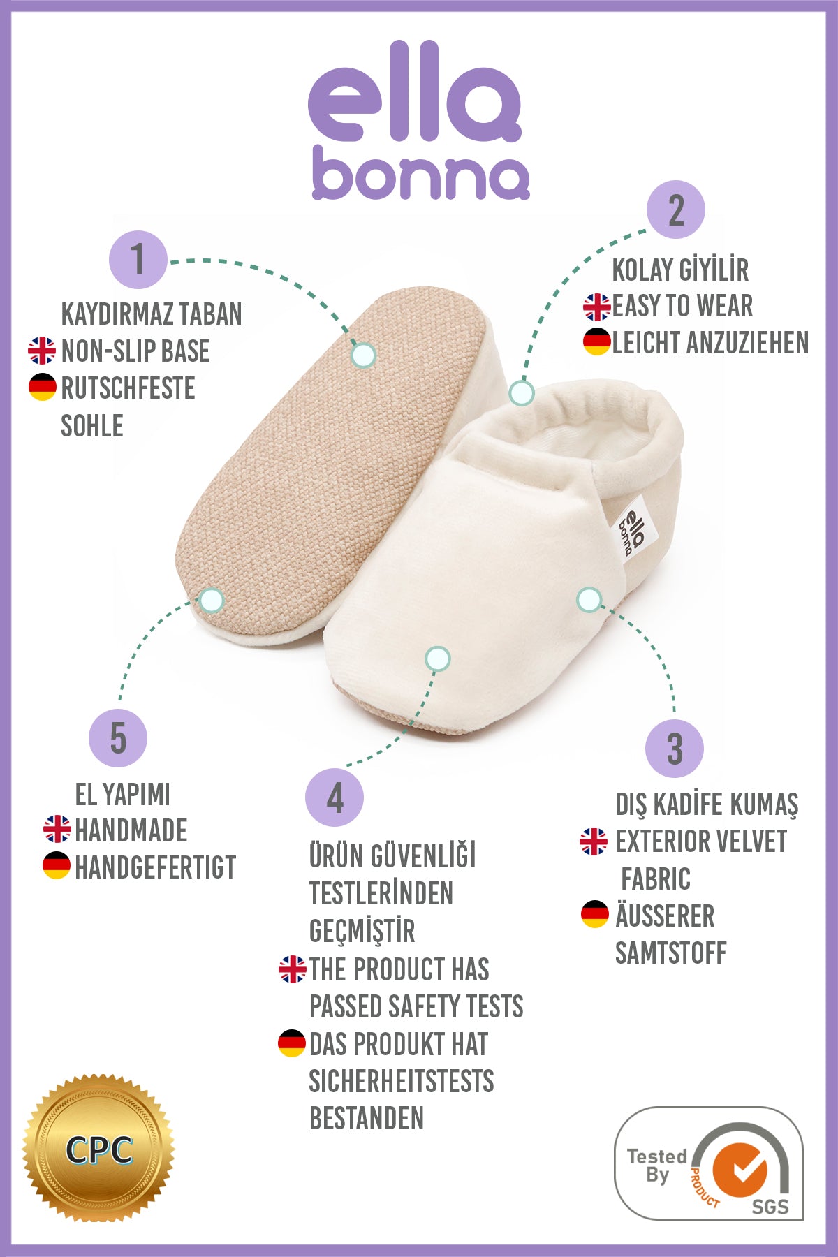 Organic Cotton Velvet Home Nursery Moccasin Shoes, Cream