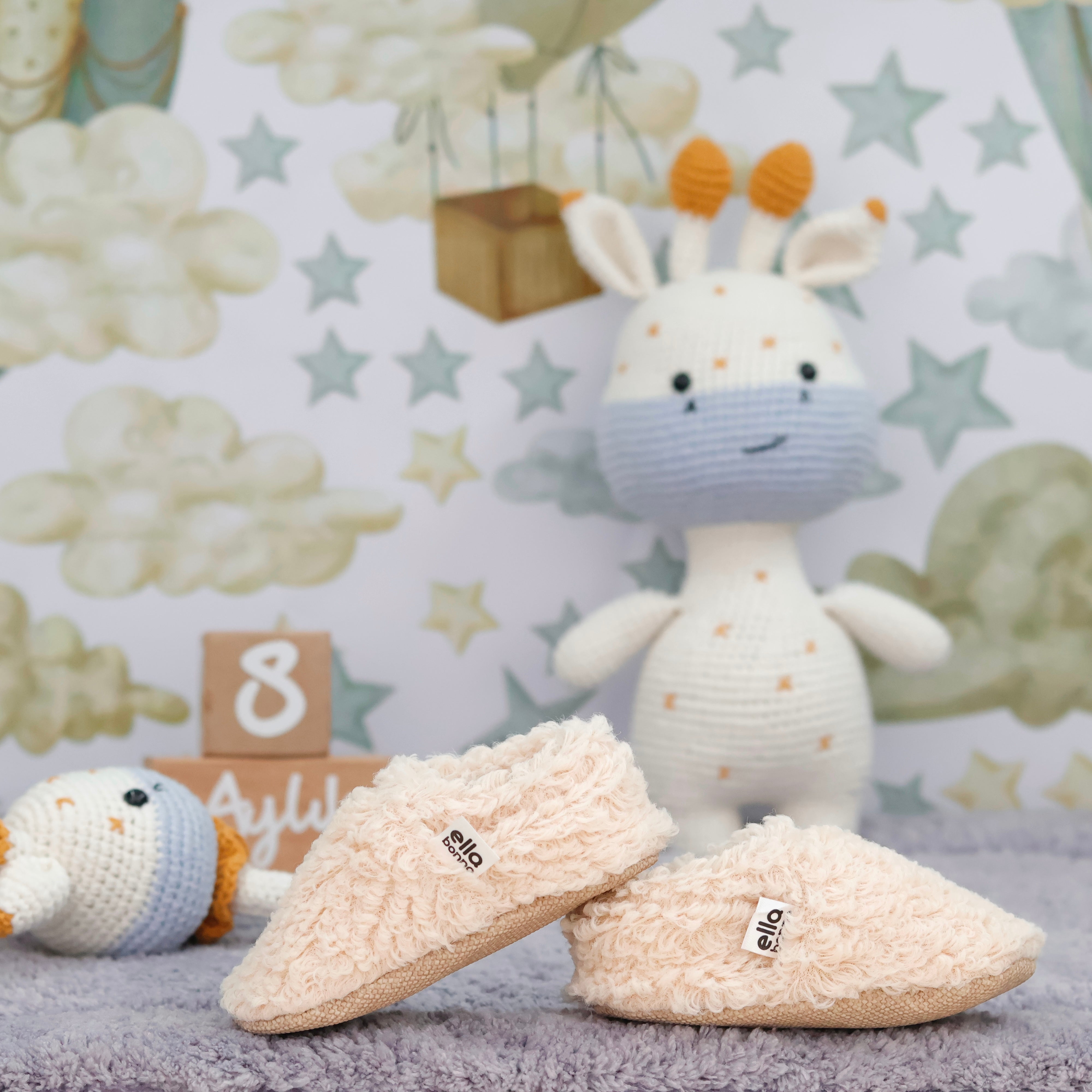 Teddy Baby Booties House Slippers, Non-slip Sole, Organic Cotton Lining, Home Nursery Shoes, Beige