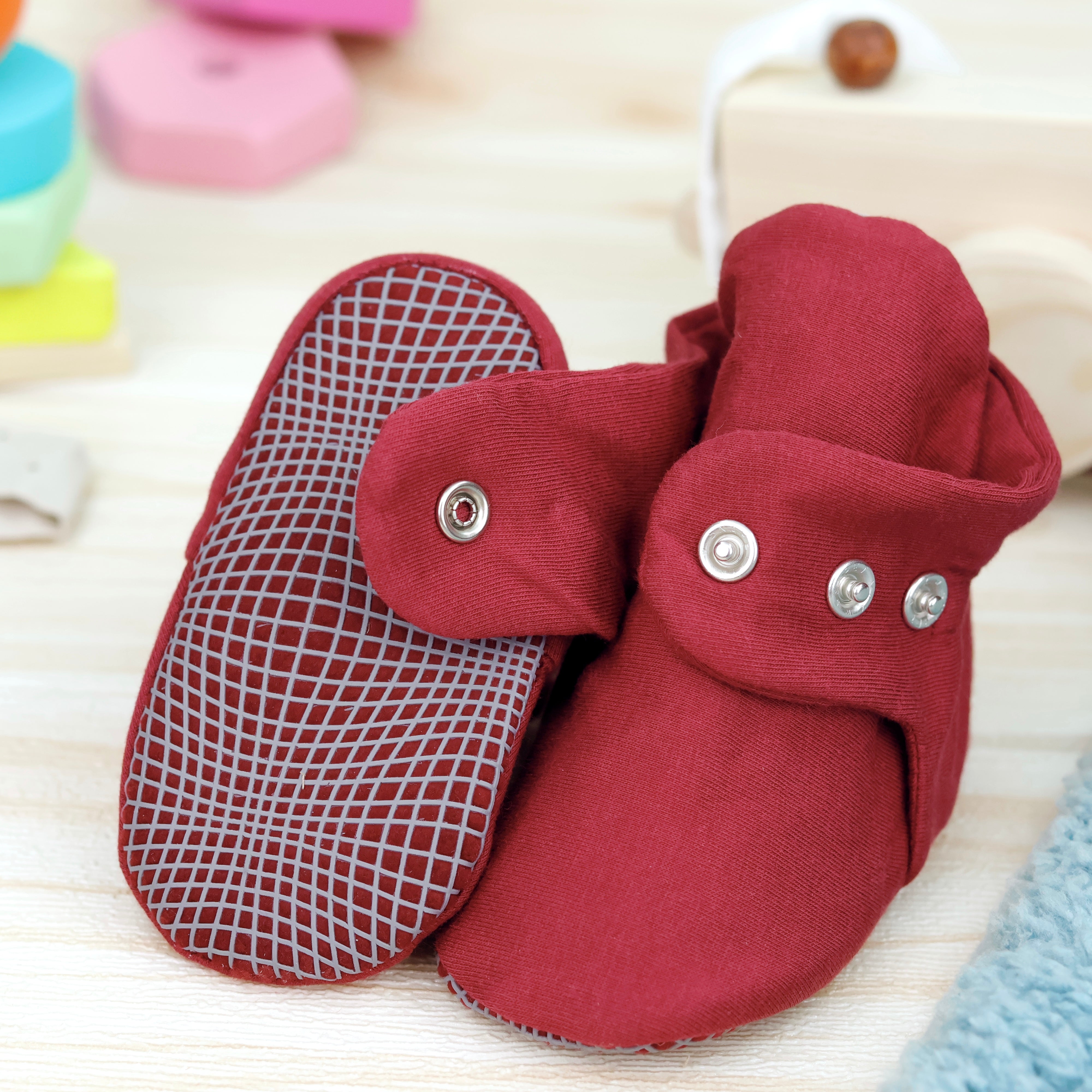 Organic Cotton Baby Booties, Non-slip Sole, Cotton Newborn Booties Home Nursery Shoes, Burgundy