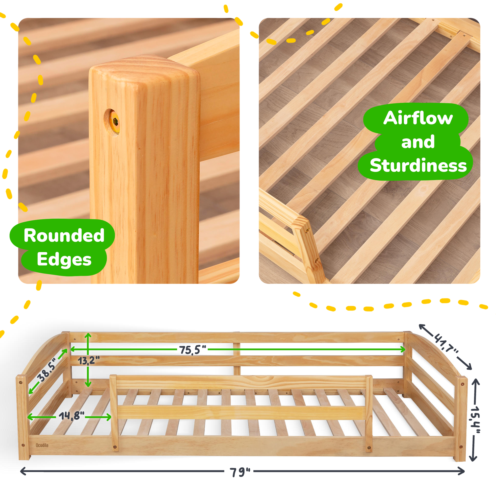 Twin Floor Bed With Safety Guardrails For Kids - Montessori Inspired