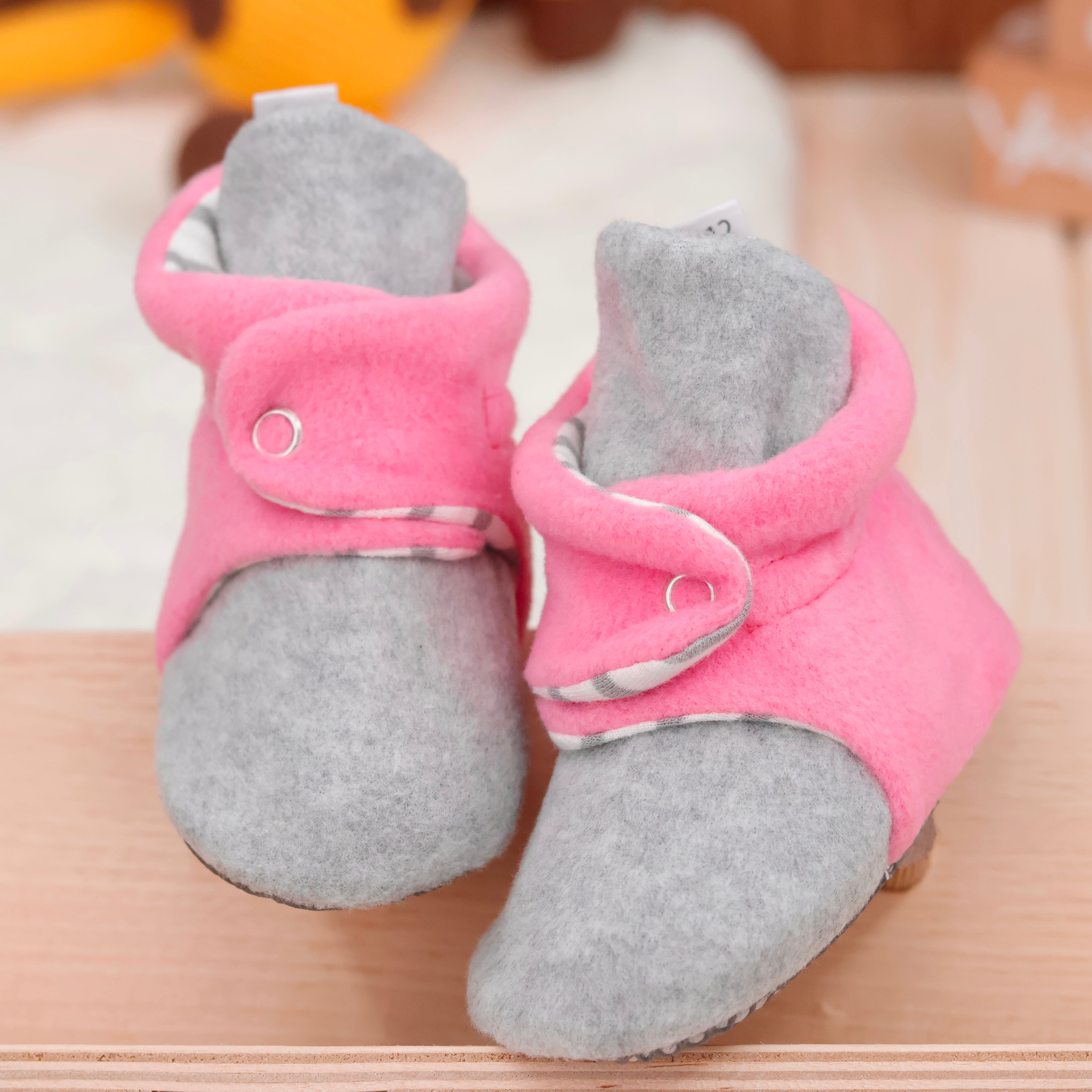 Anti-slip Sole, Fleece Baby Booties, Newborn Home Booties, Sweat Proof Organic Cotton Lining, Gray Pink