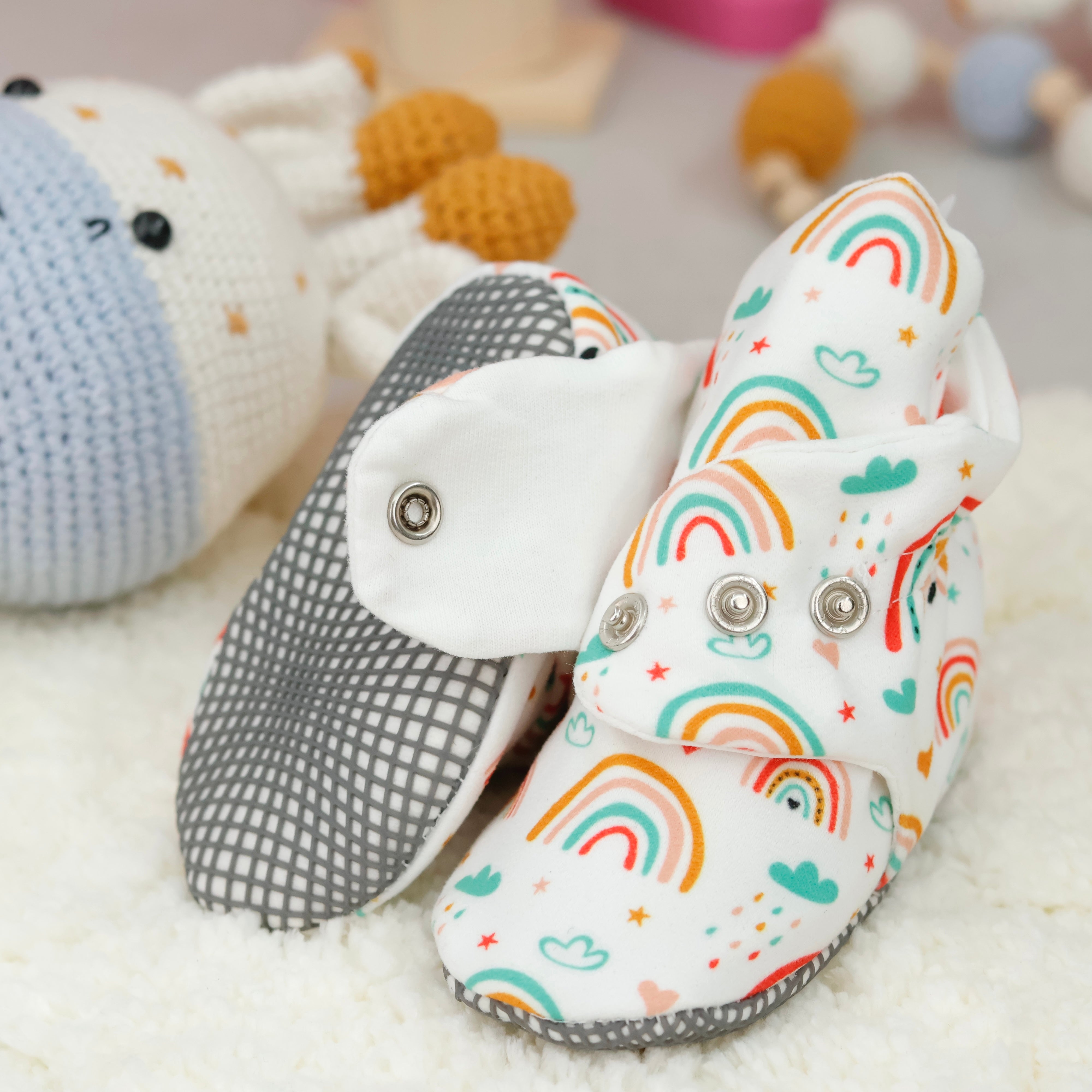 Organic Cotton Baby Booties, Non-slip Sole, Cotton Newborn Booties Home Nursery Shoes, Rainbow