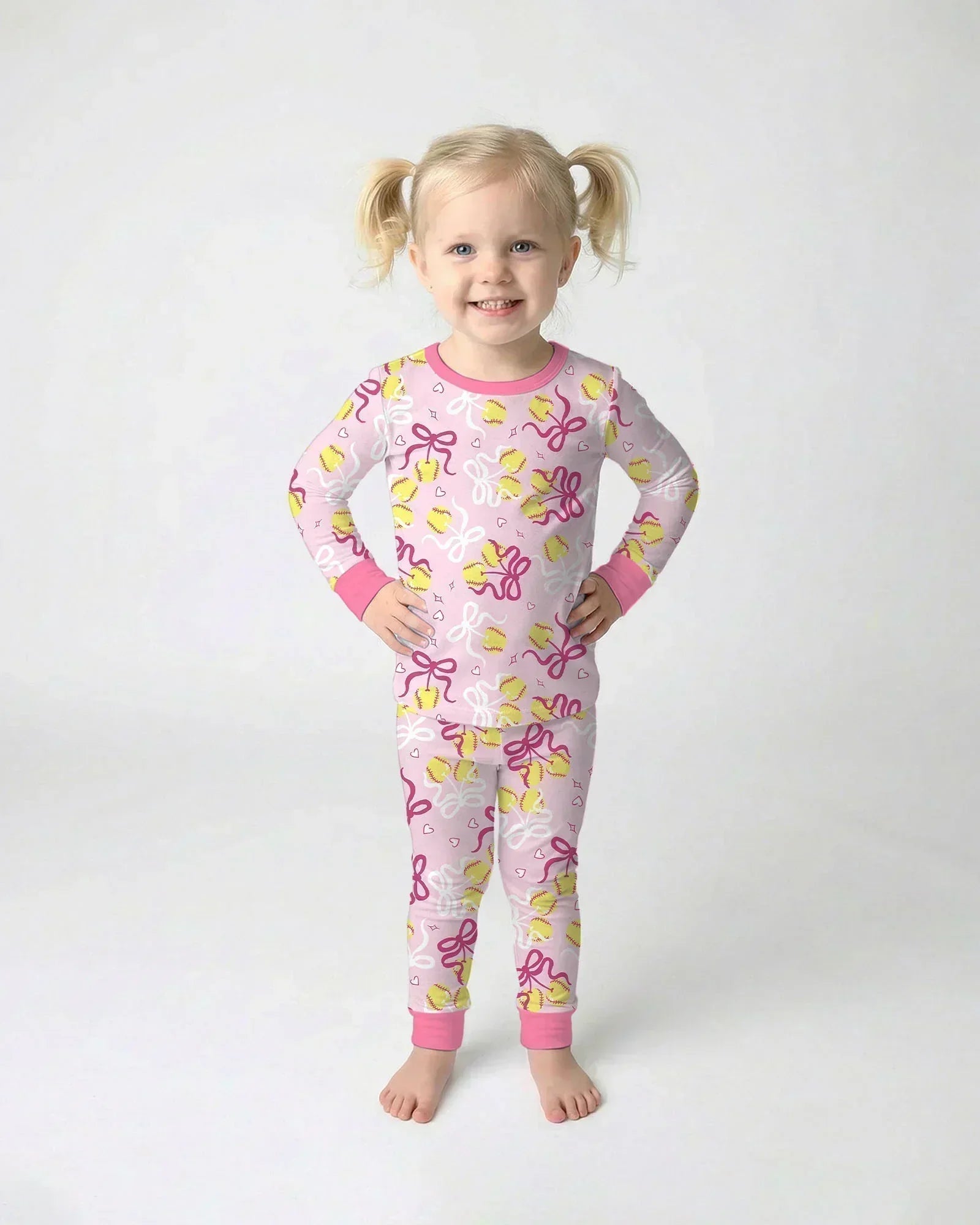 Softball Cherry Mom And Girl Matching Bamboo Two Piece Long Sleeve Pajama Set