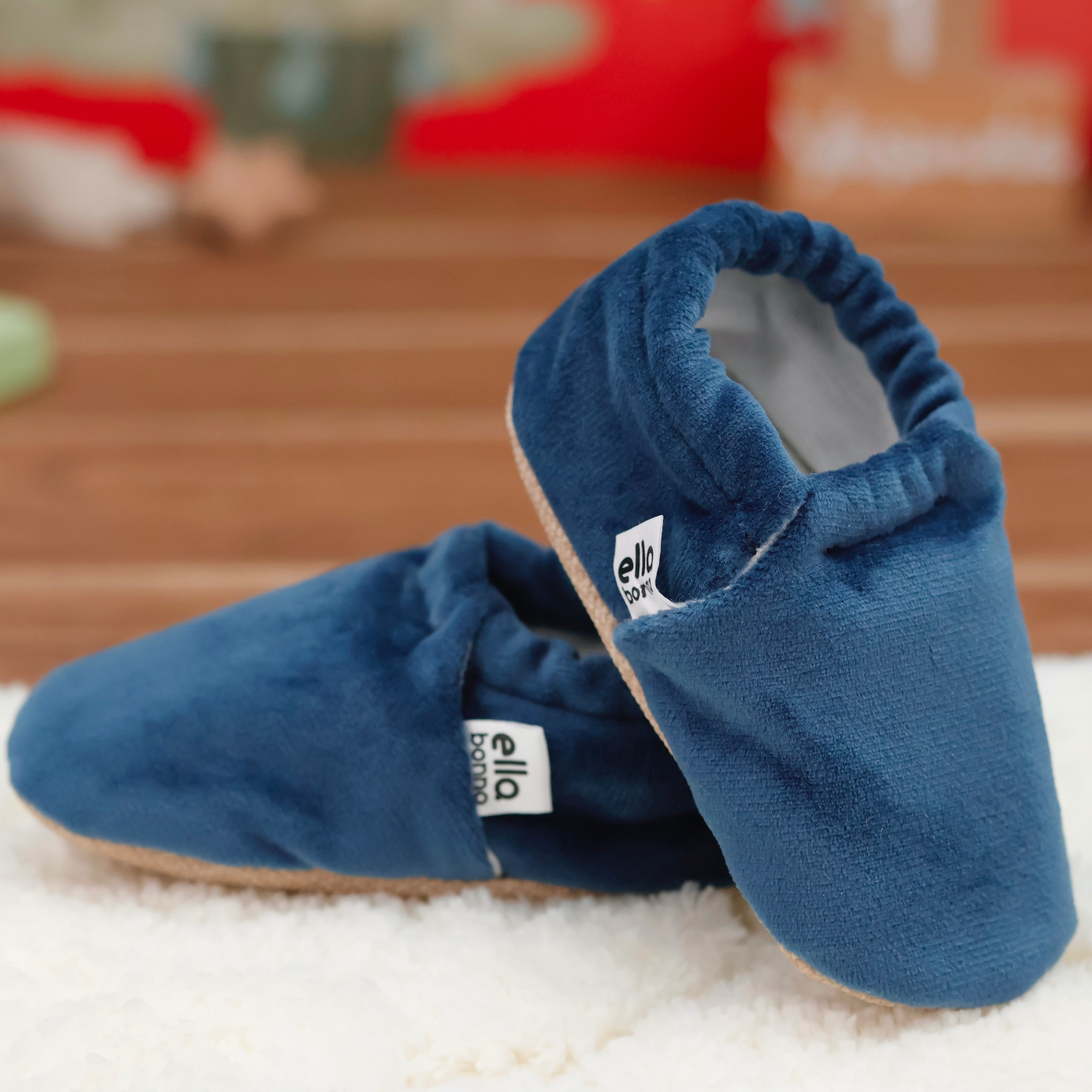 Organic Cotton Velvet Home Nursery Moccasin Shoes, Darkblue