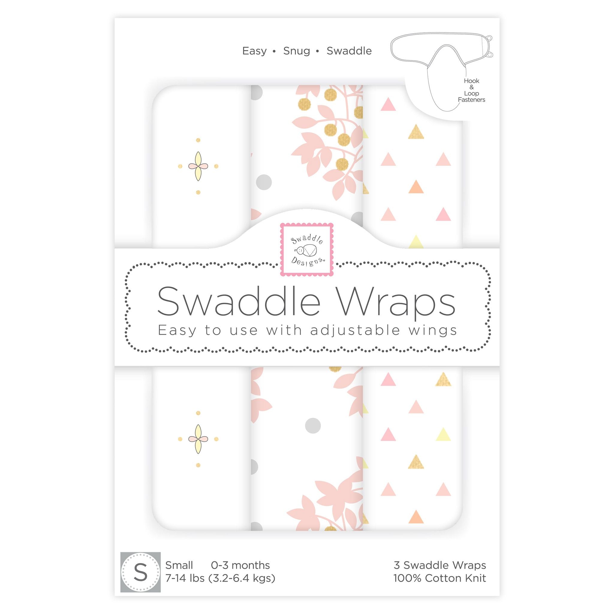 3 Swaddle Wraps - Heavenly Floral, Bella, Tiny Triangles, Pinks With Touch Of Gold Shimmer