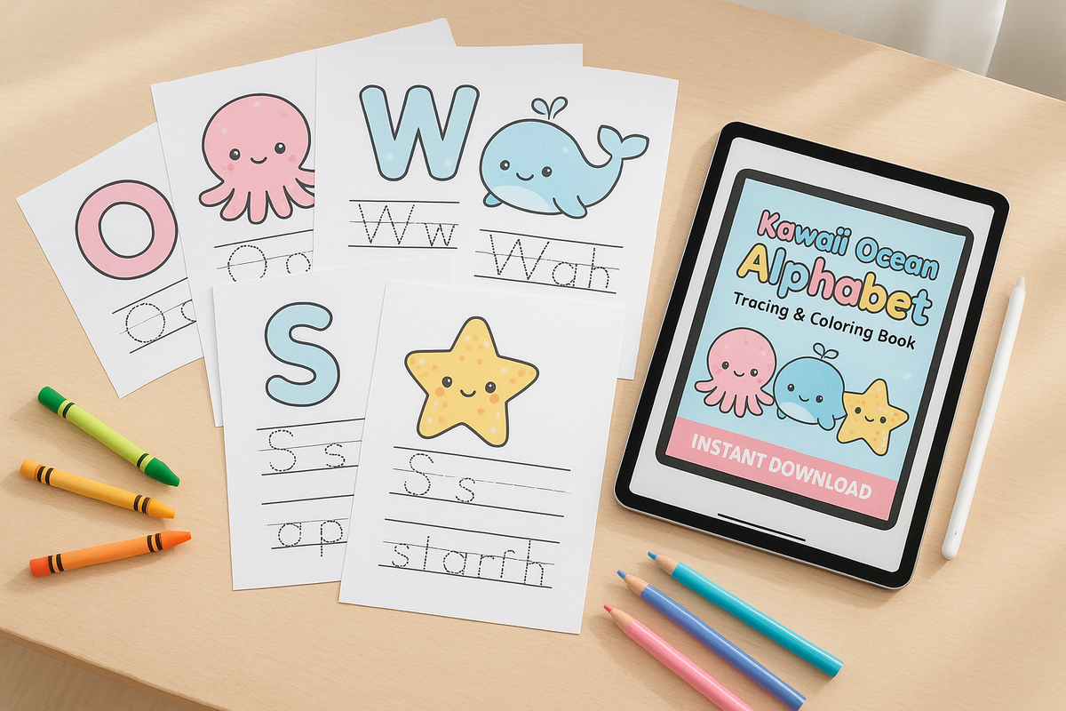 Kawaii Ocean Alphabet Tracing & Coloring Book | Digital Download Pdf