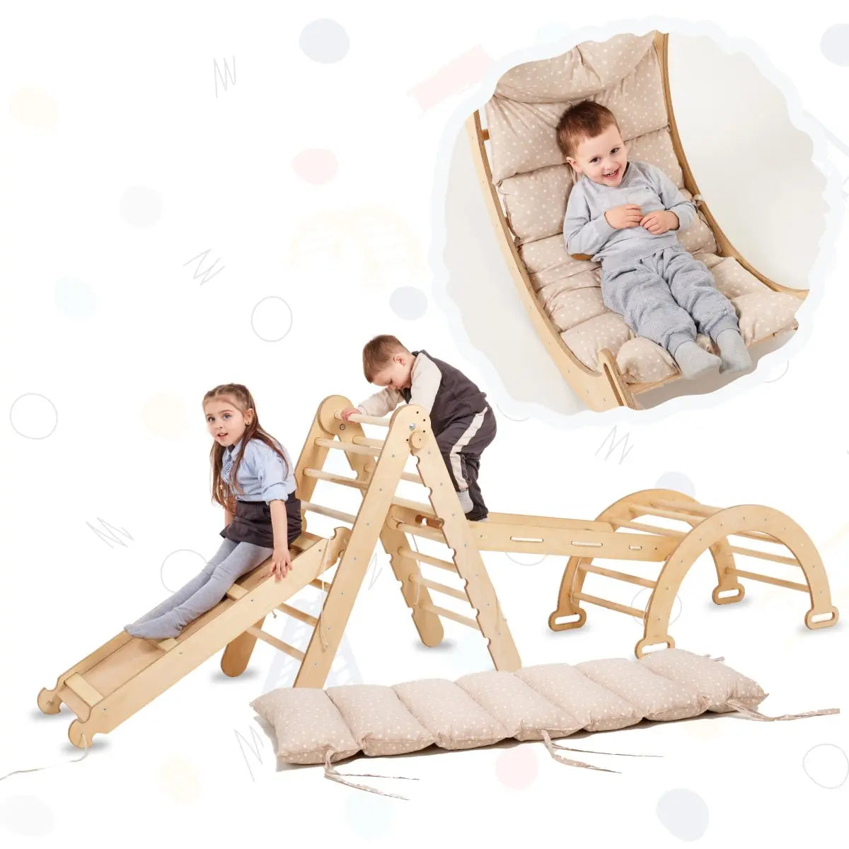 5in1 Montessori Climbing Frame Set: Triangle Ladder + Arch/rocker + Slide Board/ramp + Netting Rope + Cushion