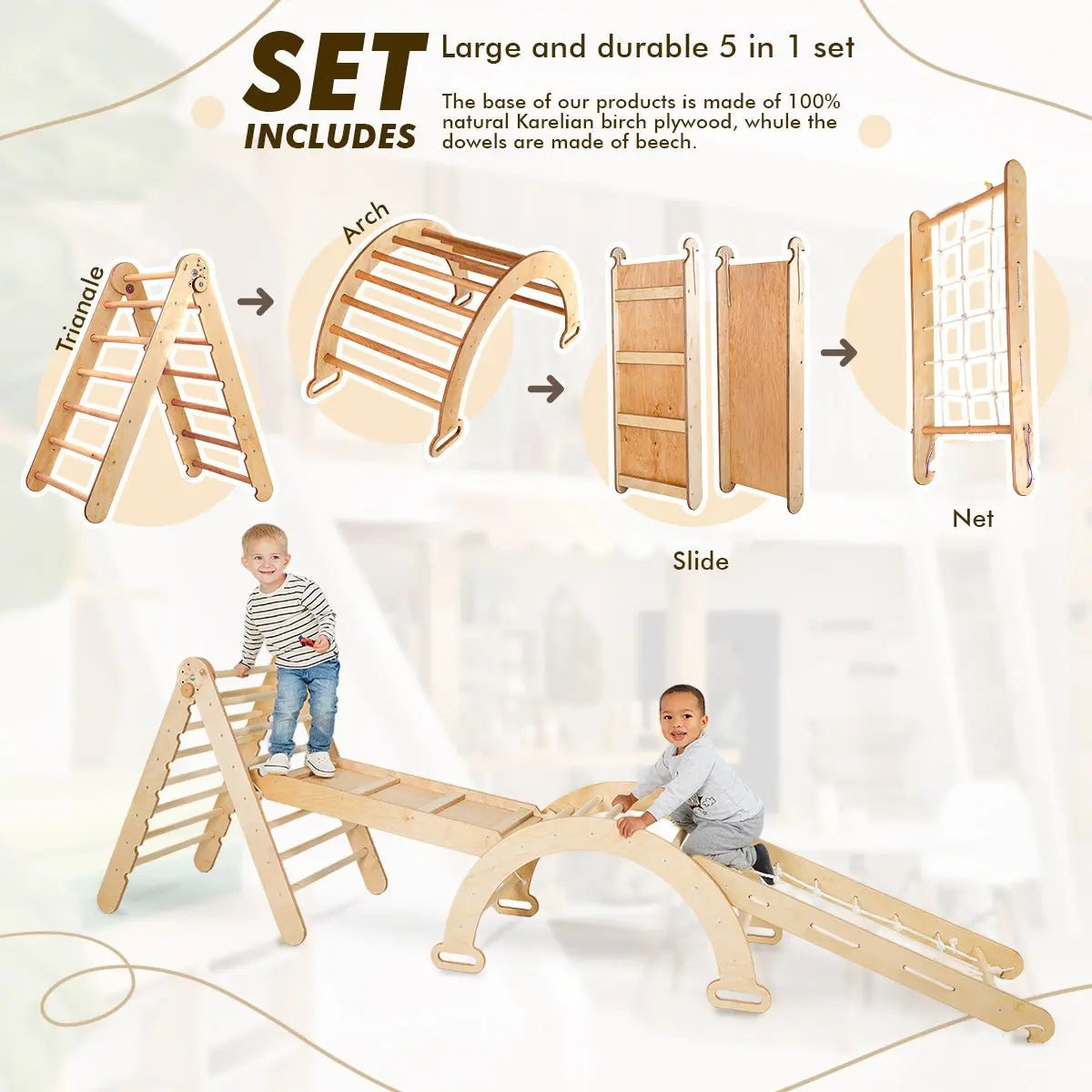 5in1 Montessori Climbing Frame Set: Triangle Ladder + Arch/rocker + Slide Board/ramp + Netting Rope + Cushion