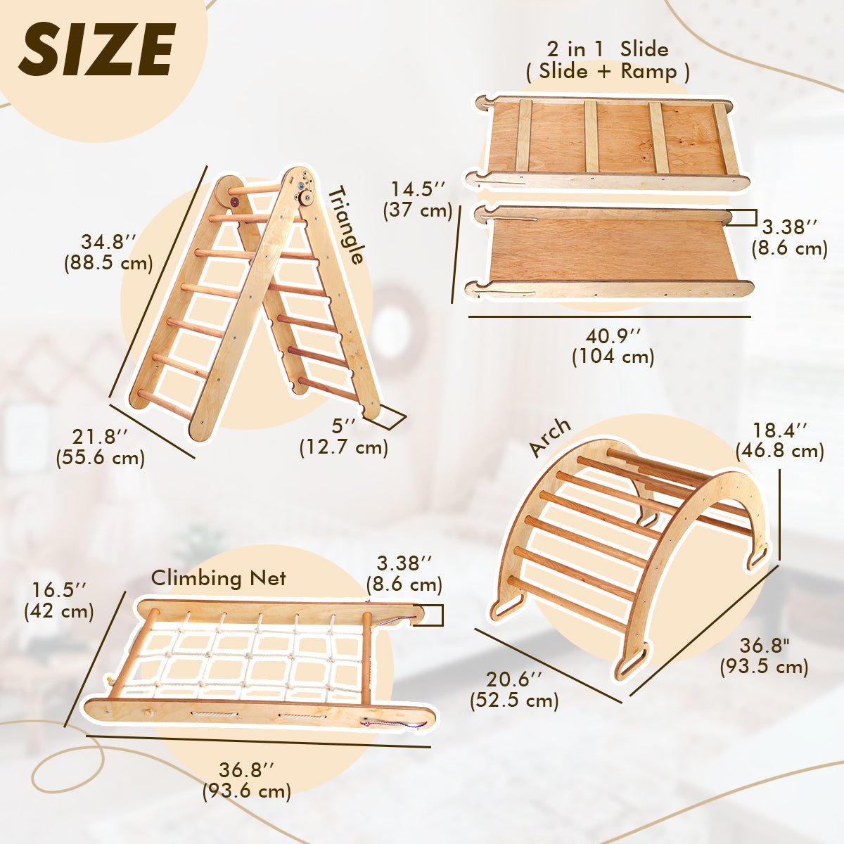 5in1 Montessori Climbing Frame Set: Triangle Ladder + Arch/rocker + Slide Board/ramp + Netting Rope + Cushion