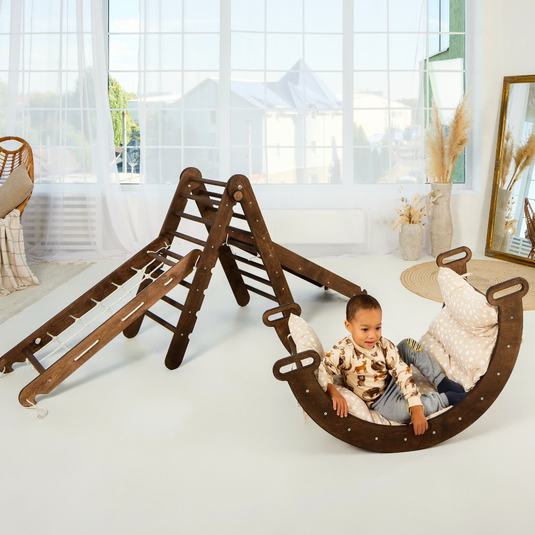 5in1 Montessori Climbing Set: Triangle Ladder + Arch/rocker + Slide Board/ramp + Net + Cushion – Chocolate