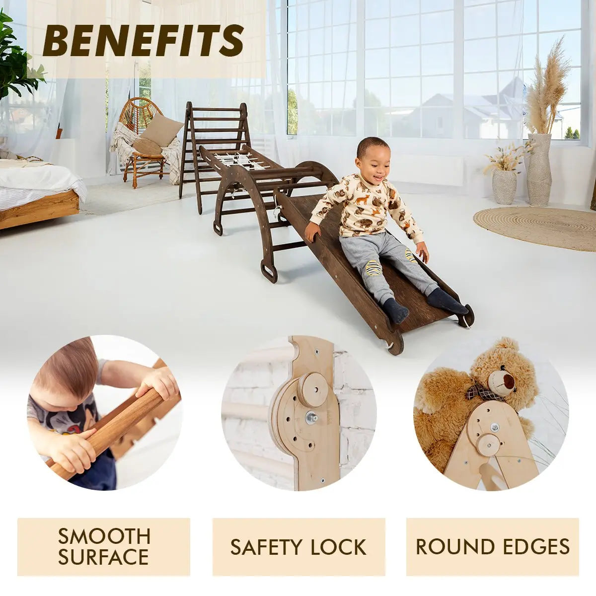 5in1 Montessori Climbing Set: Triangle Ladder, Climbing Arch, Slide, Net & Cushion – Chocolate