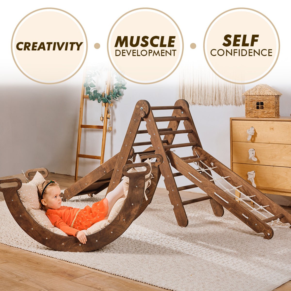 5in1 Montessori Climbing Set: Triangle Ladder + Arch/rocker + Slide Board/ramp + Net + Cushion – Chocolate