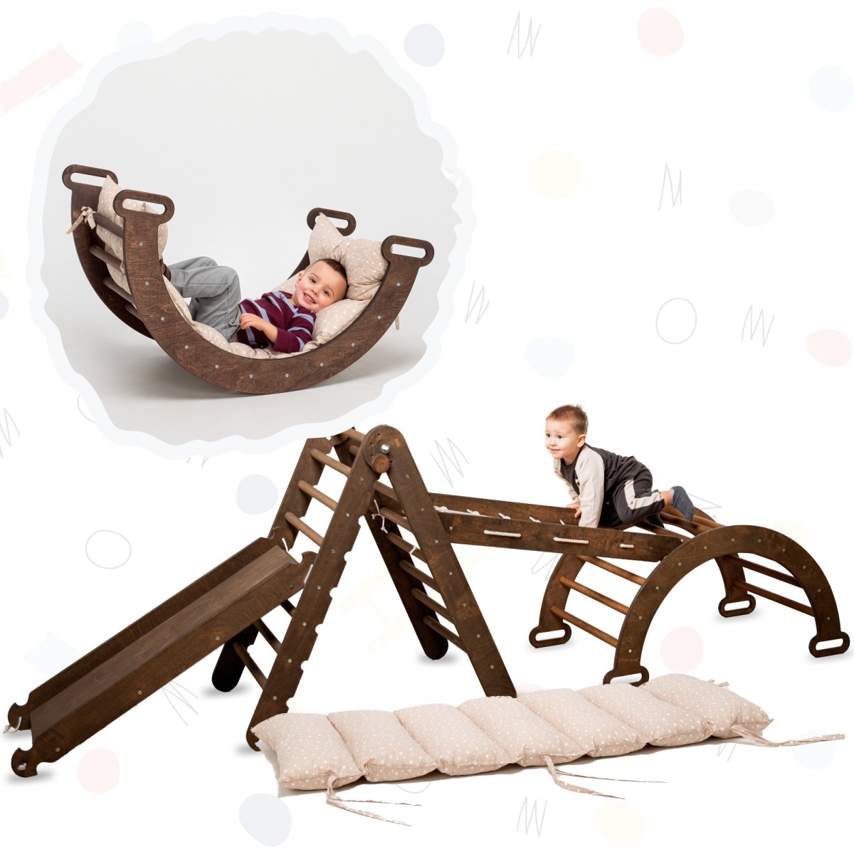 5in1 Montessori Climbing Set: Triangle Ladder + Arch/rocker + Slide Board/ramp + Net + Cushion – Chocolate