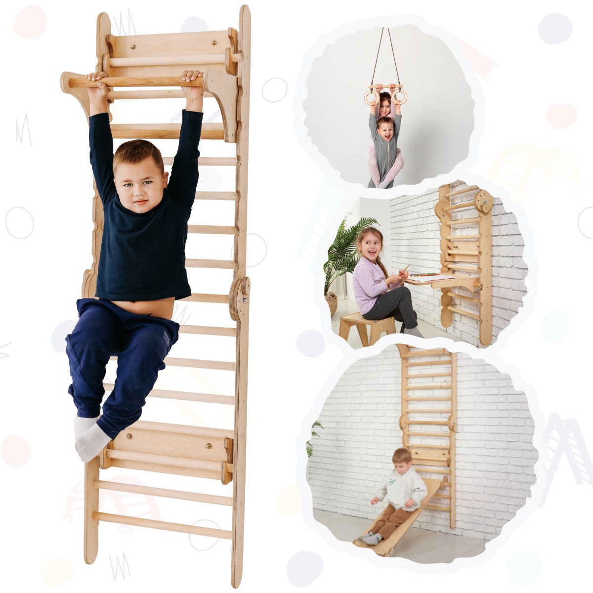 4in1 Wooden Swedish Wall / Climbing Ladder For Children + Swing Set + Slide Board + Art Add-on