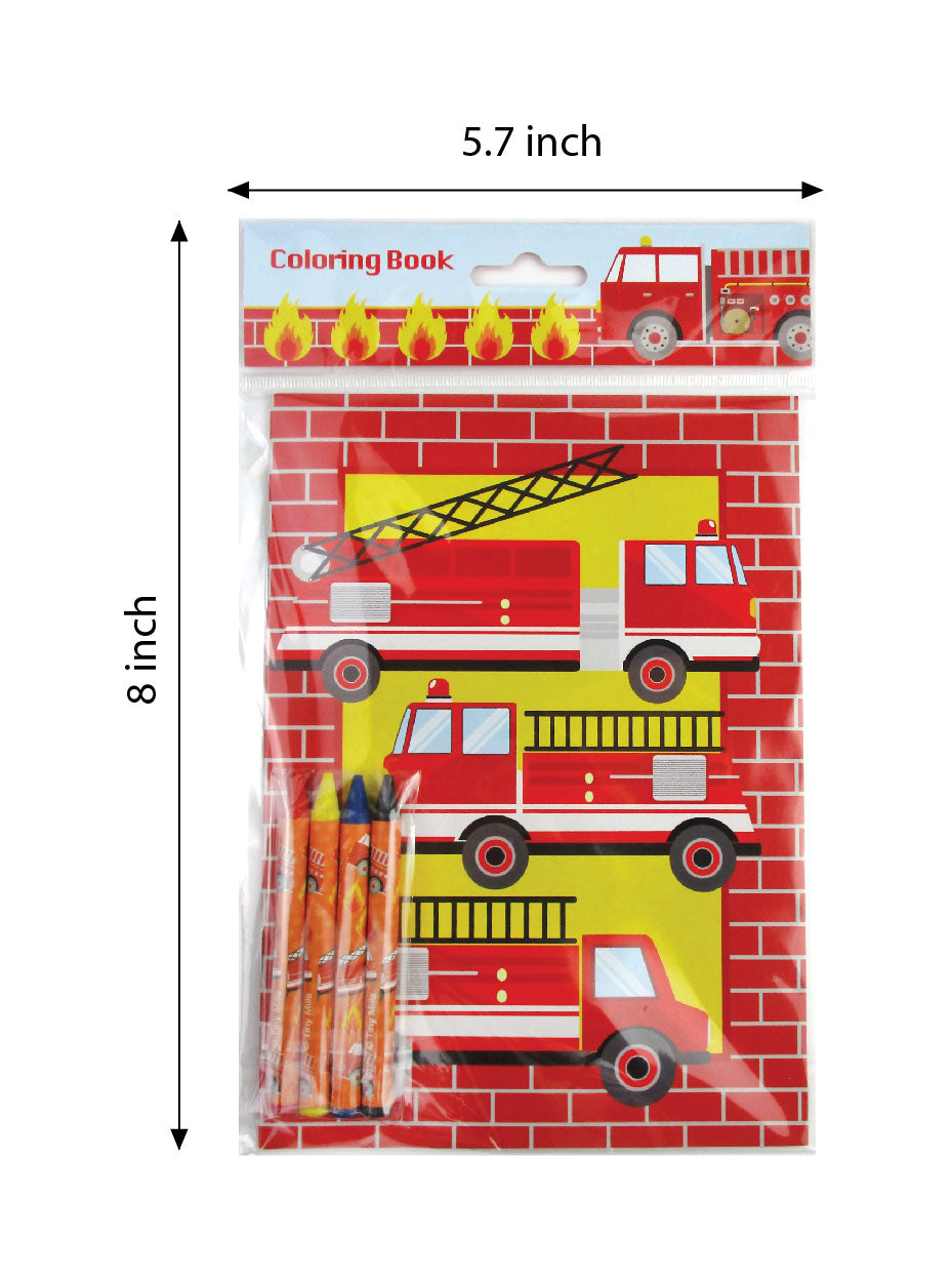 Fire Trucks Coloring Books With Crayons Party Favors- Set Of 6 Or 12