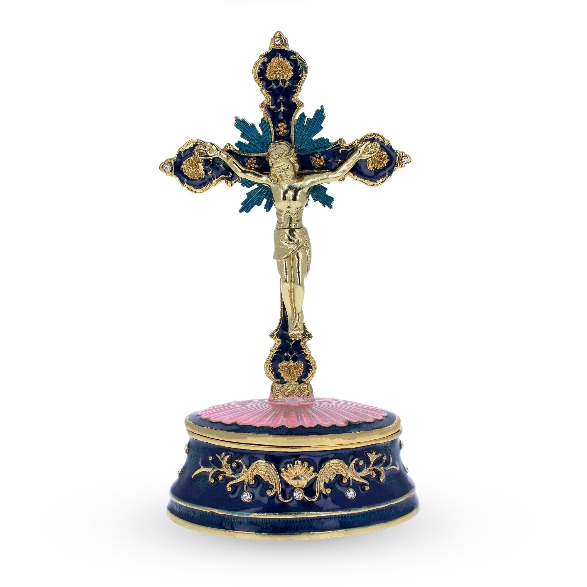 Jeweled Standing Metal Cross Trinket Or Rosary Box