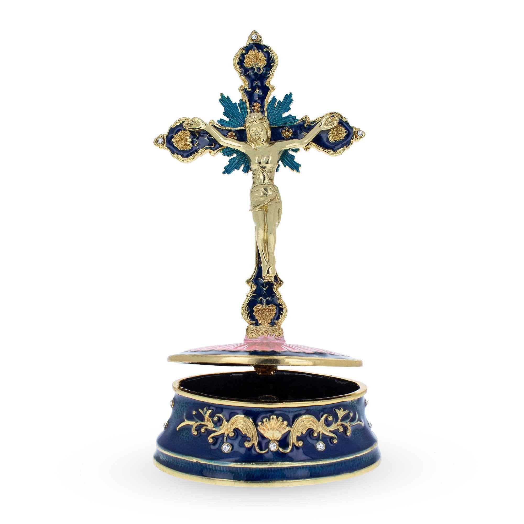 Jeweled Standing Metal Cross Trinket Or Rosary Box