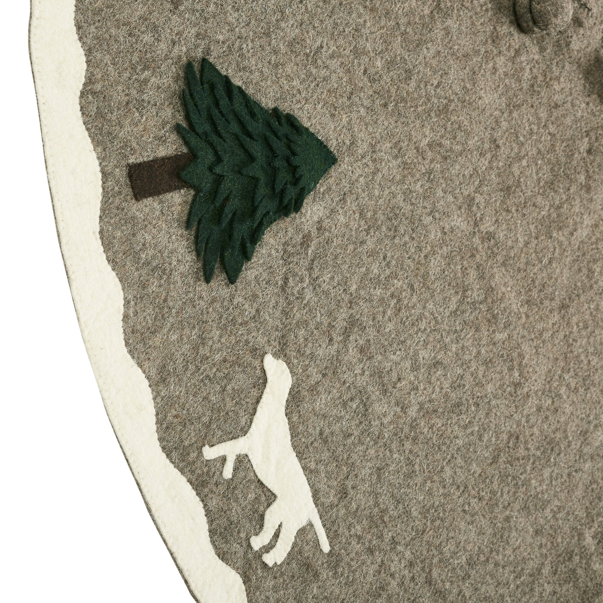 72" Cream Dogs And Green Trees Christmas Tree Skirt On Gray In Hand Felted Wool