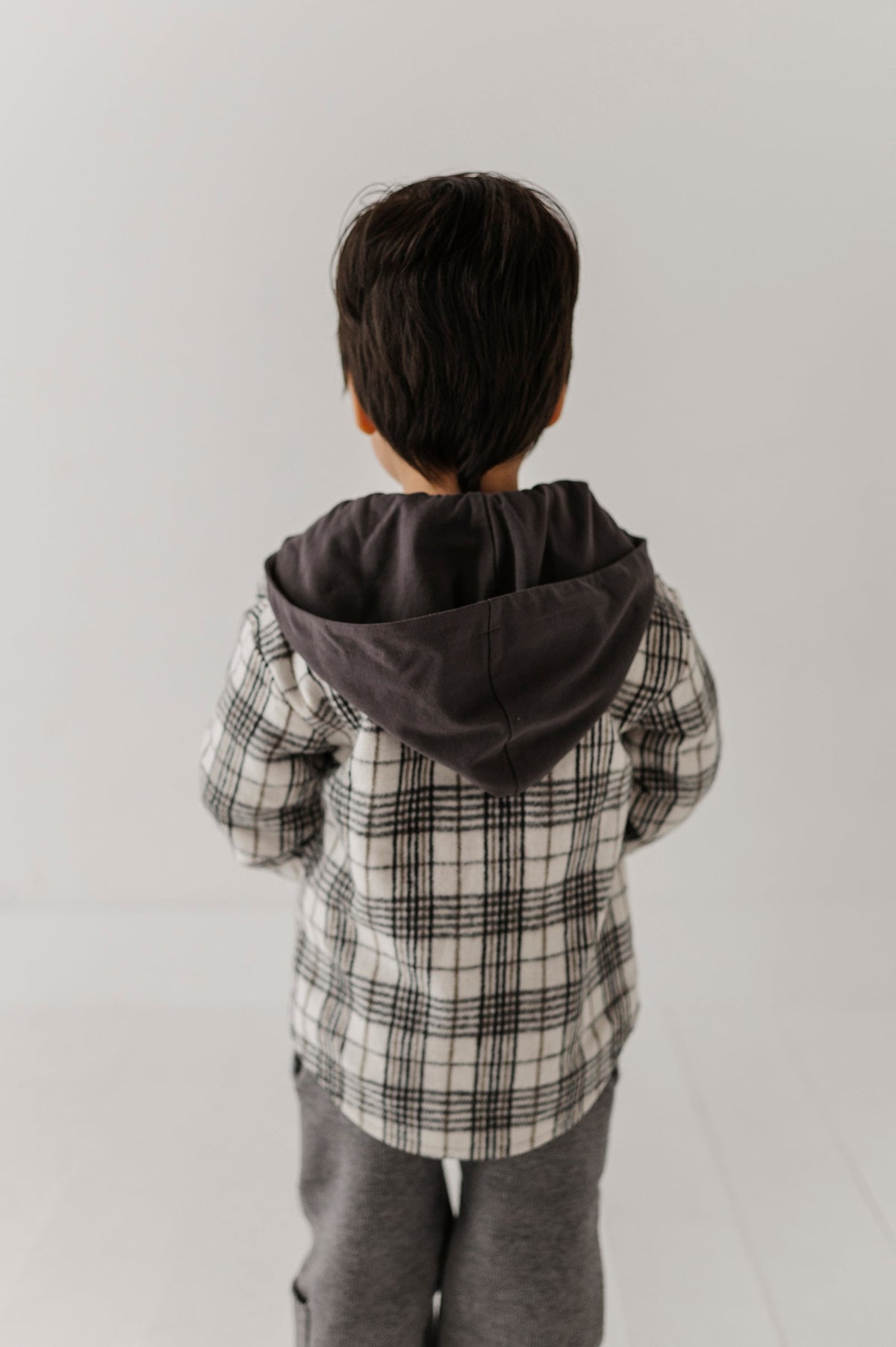 Kids Hooded Shacket In Granite Plaid