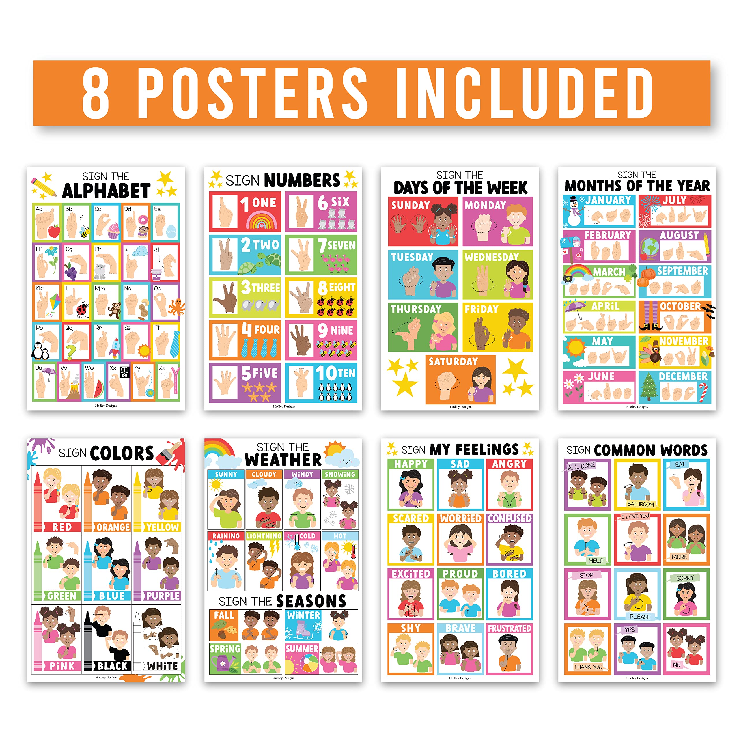 Asl Sign Language Kit: Colorful 8 Poster Set