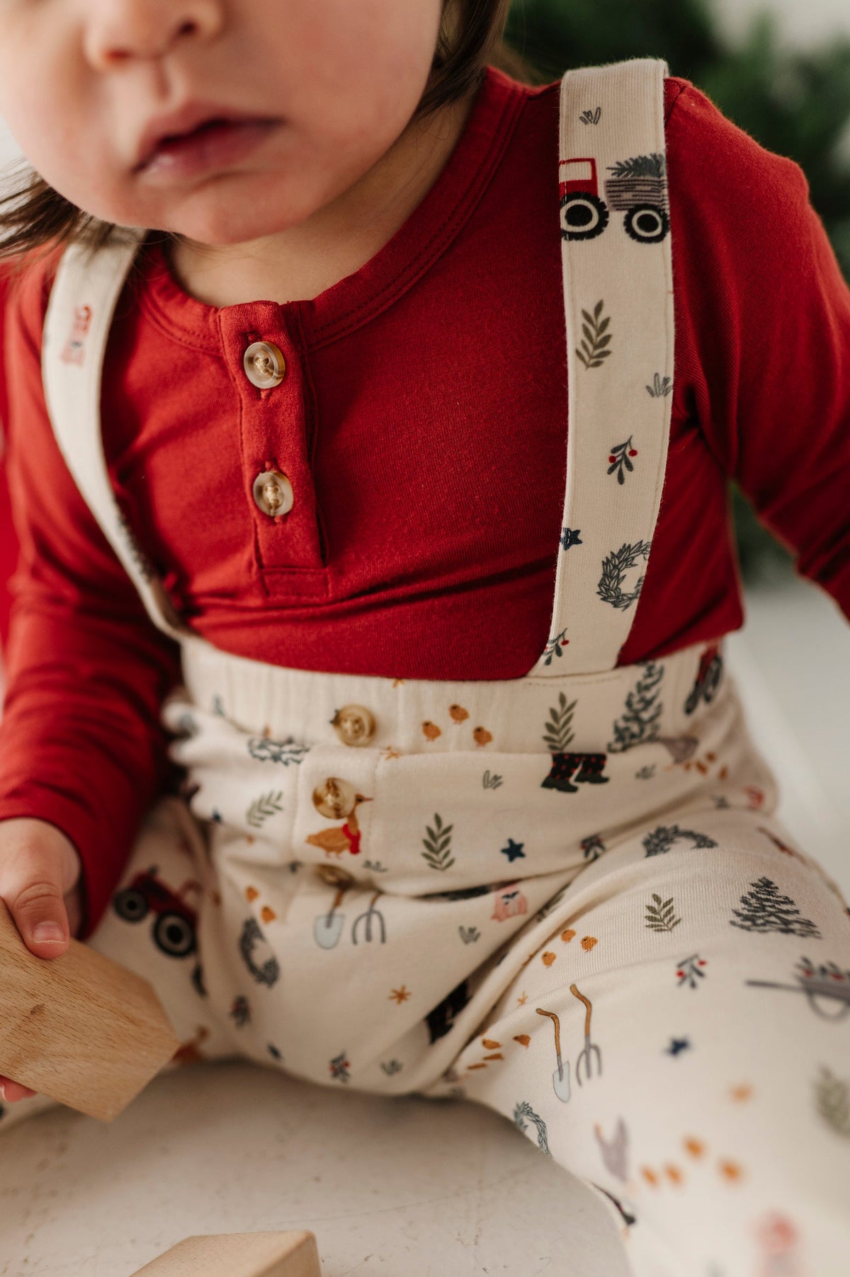 Baby Boy Henley Bodysuit & Suspenders Set In Christmas Farm