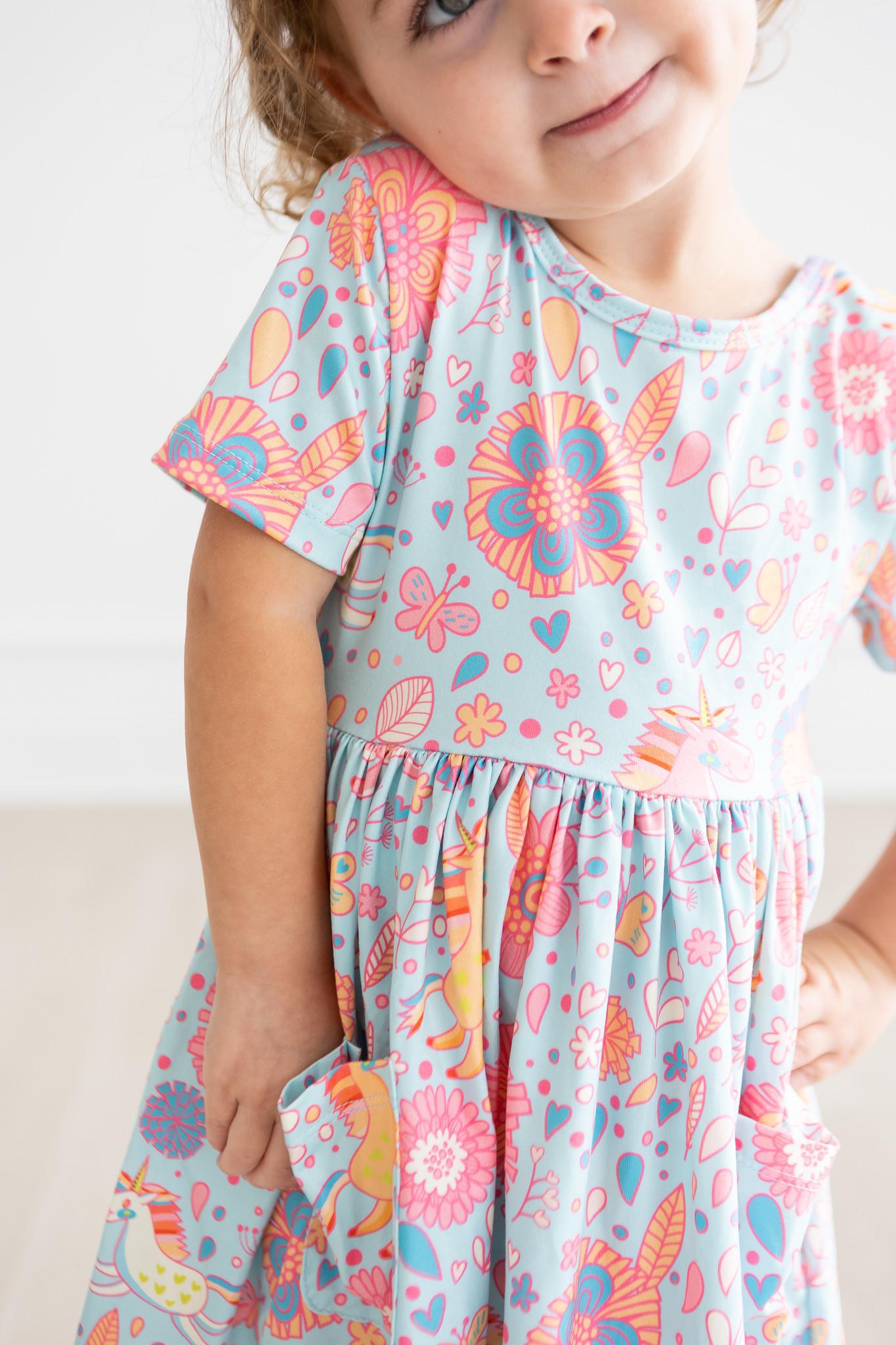 Blue Retro Unicorns S/s Pocket Twirl Dress