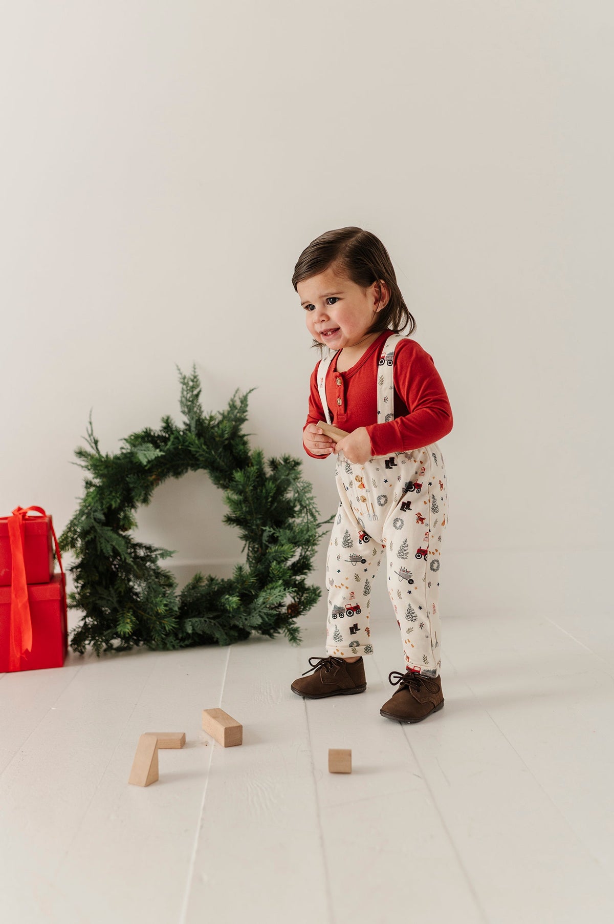 Baby Boy Henley Bodysuit & Suspenders Set In Christmas Farm