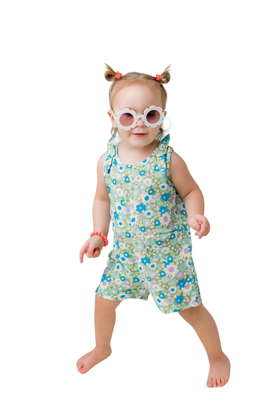 Green And Blue Flower Power Double Gauze Romper For Babies And Toddler Girls