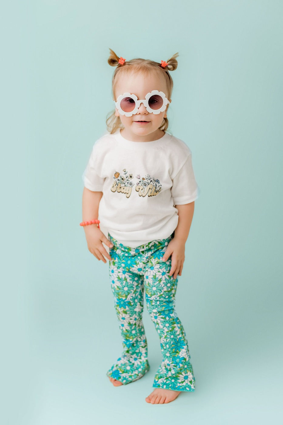 Blue Flower Power Jersey Knit Bell Bottoms For Babies, Toddlers And Girls